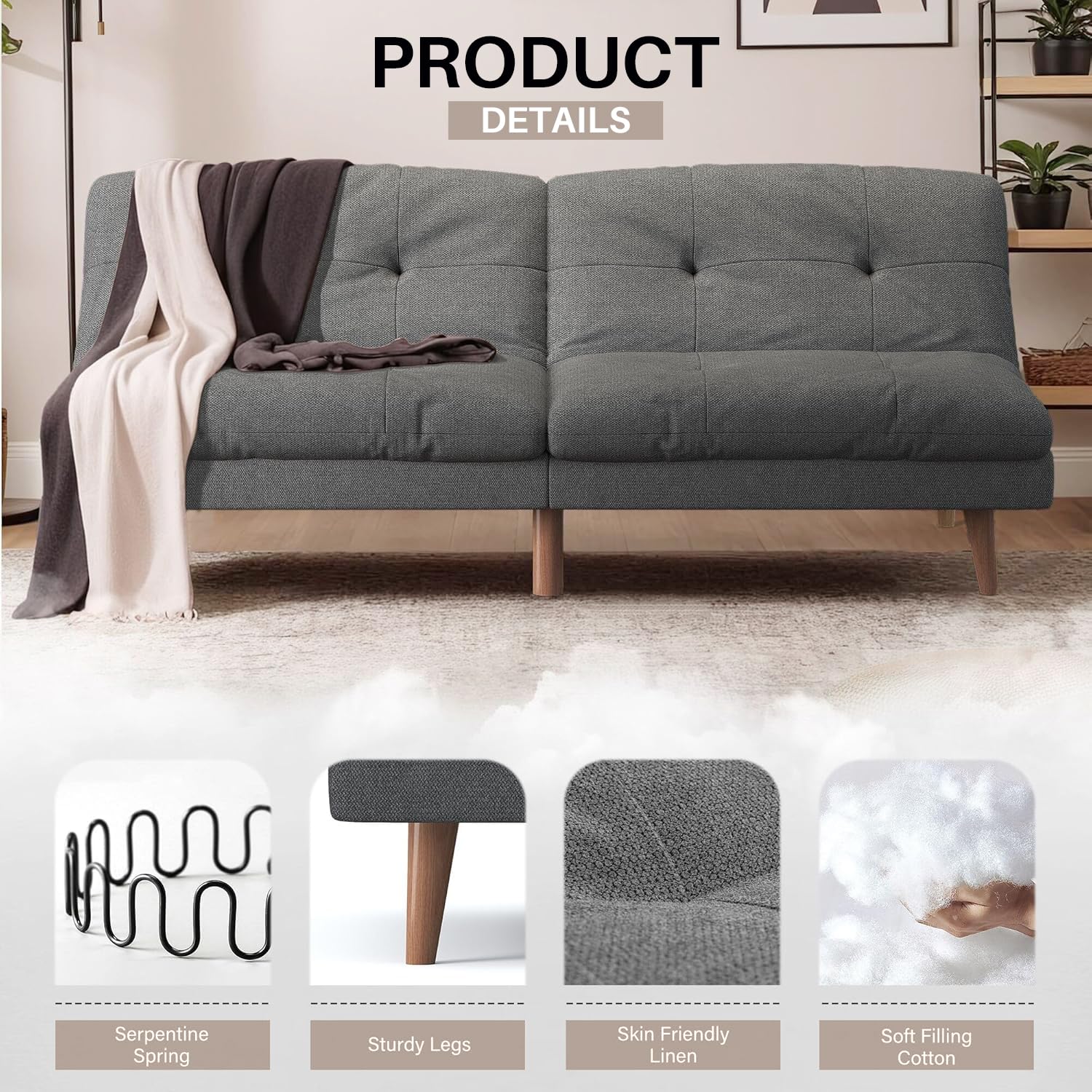 Homall 67'' Futon Couch, Modern Futon Sofa Bed with Adjustable Backrest | Convertible Sleeper Sofa Bed, Linen Loveseat Couch with Solid Wood Frame for Living Room, Apartment & Office | Grey