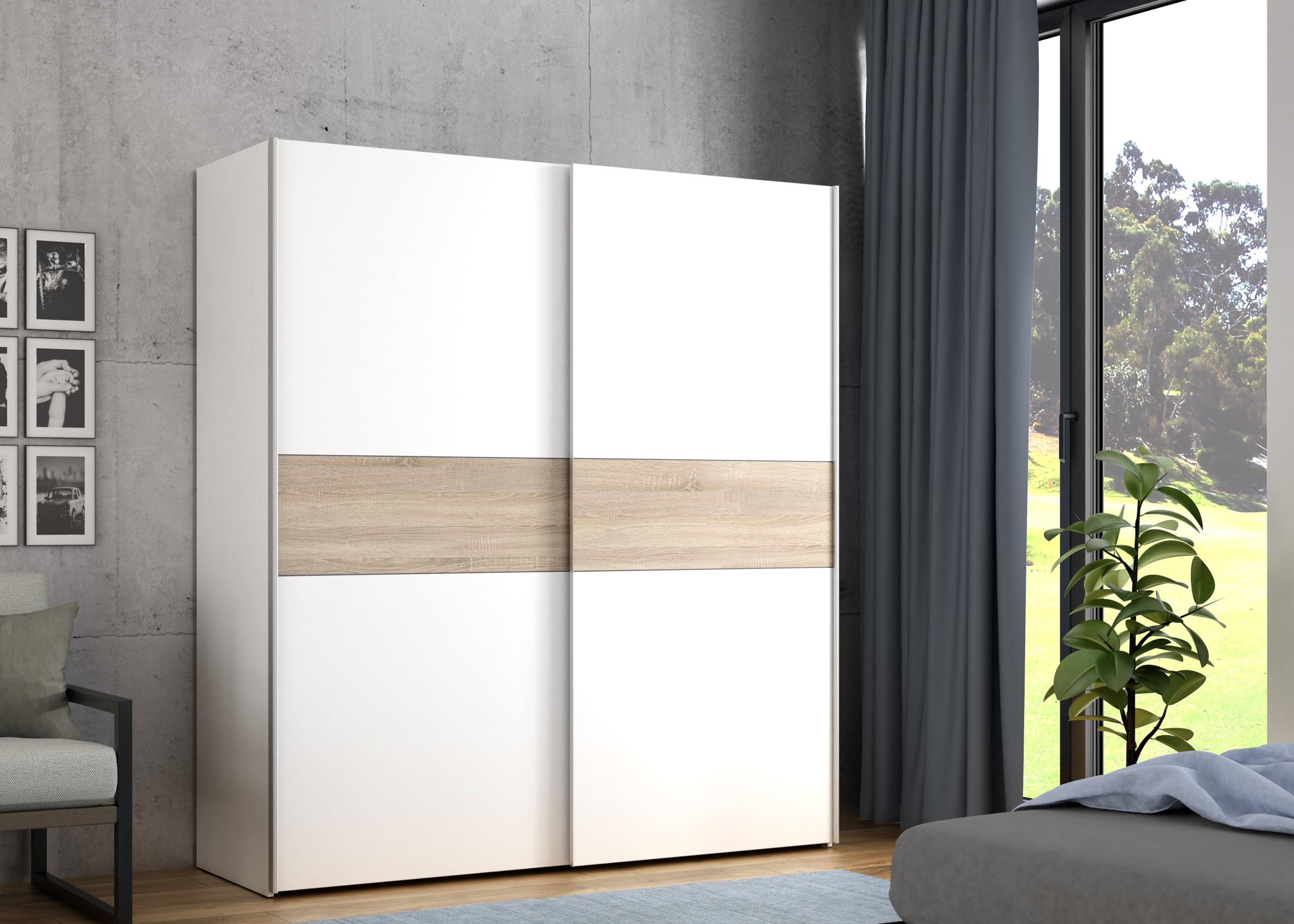 Forte LONGLINE Schrank 170, Schwebetürenschrank modern, 2-türig, weißer Kleiderschrank, Holzwerkstoff, Weiß / Sonoma Eiche Holzdekor, 170 cm breit x 190,5 cm hoch x 61 cm tief Küche, Haushalt & Wohnen