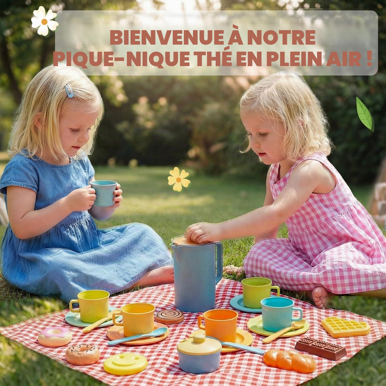 HERSITY Jouet Pique Nique Enfant Service à Thé, Dinette Cuisine Bebe avec Dessert Couverts et Couverture Pique-Nique, Jeux de Rôle pour Fille 3 4 5 Ans