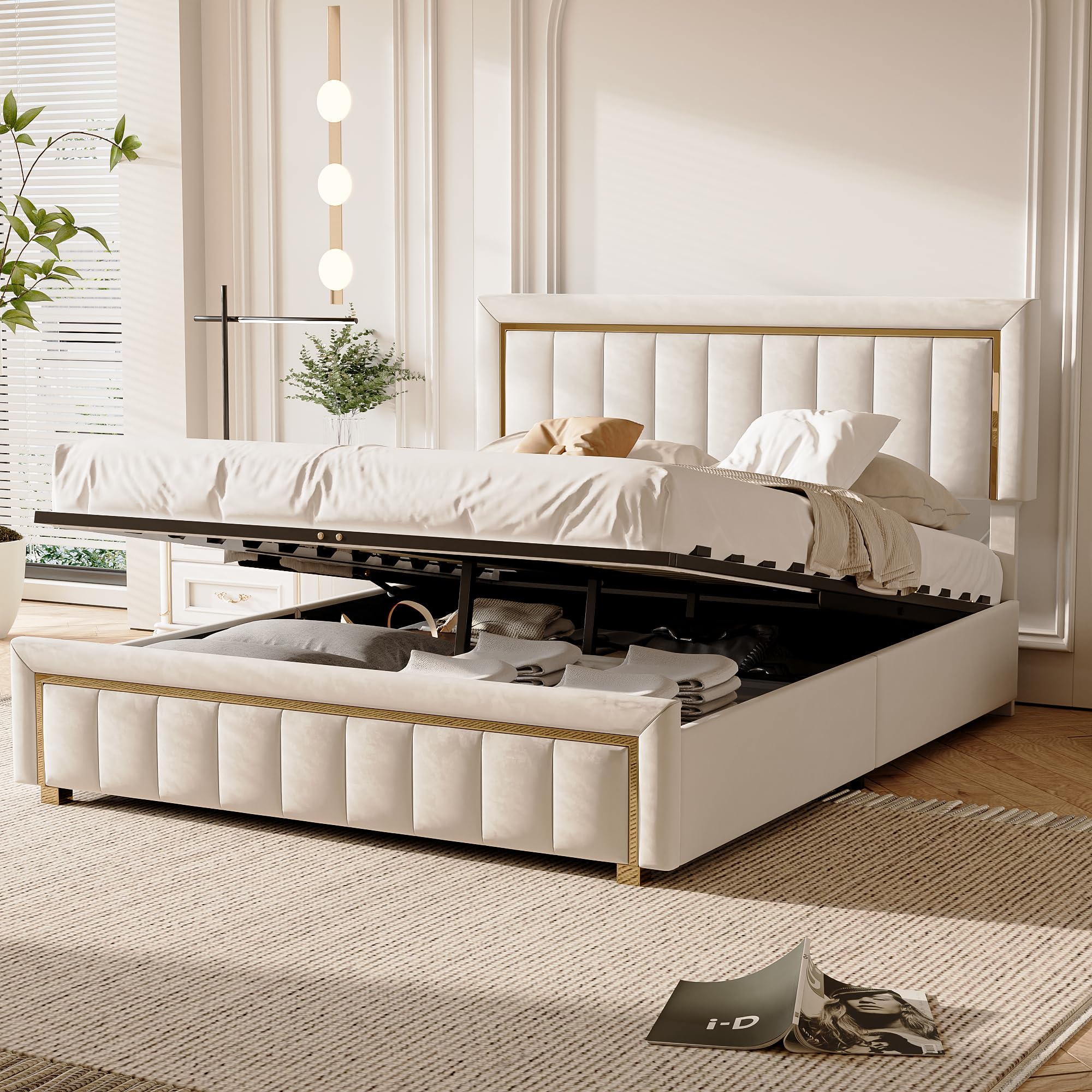 cama Matrimonio 160x200, Cama Doble Acolchada Tapizada con Almacenaje y Cabecero, sin Colchón (Blanco, 160x200 cm)