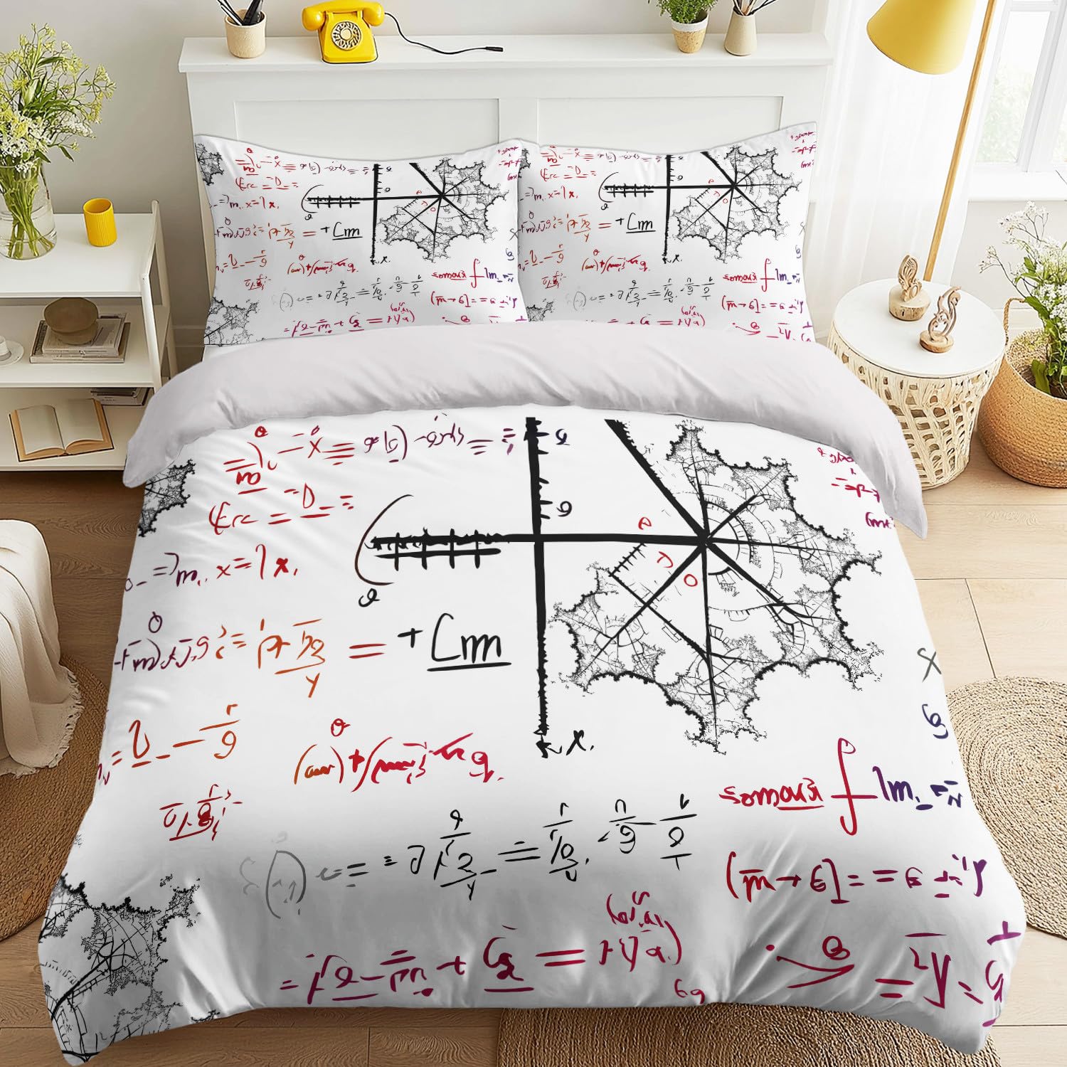 Generico Set Copripiumino 150 x 200 cm Matematica, Rosso Bianco Copriletto Singolo con una Federa, Morbida Copripiumino Motivo Calcolo Formule Geek Resistente Lavabile