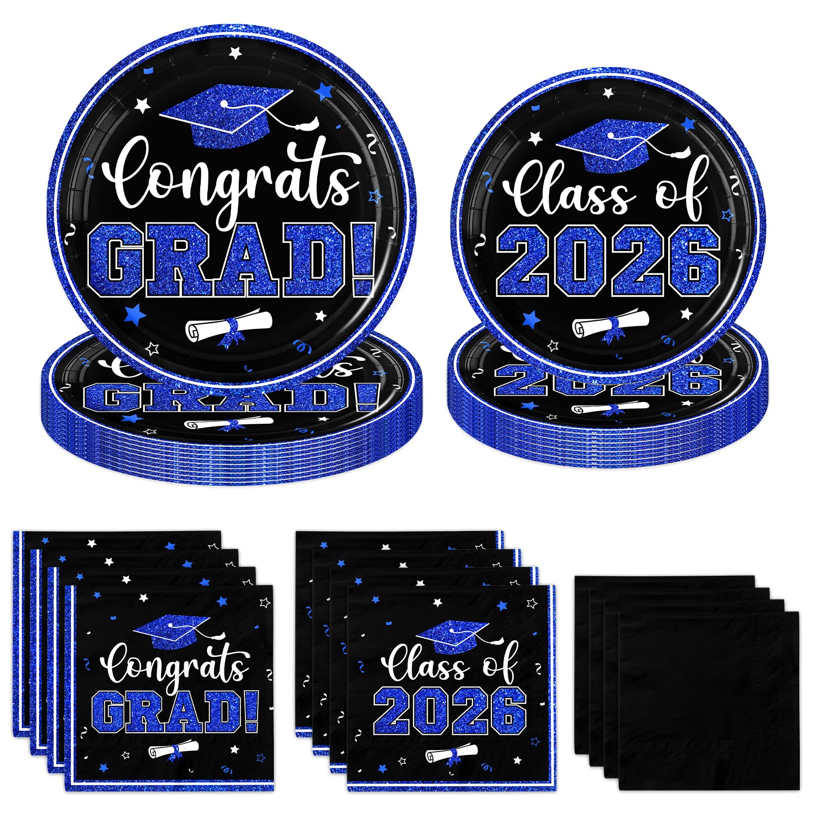 Black and Blue Graduation Decorations 2026,200pcs Blue Graduation Plates and Napkins Congrats Grad Class Of 2026 Plates and Napkins for Graduation