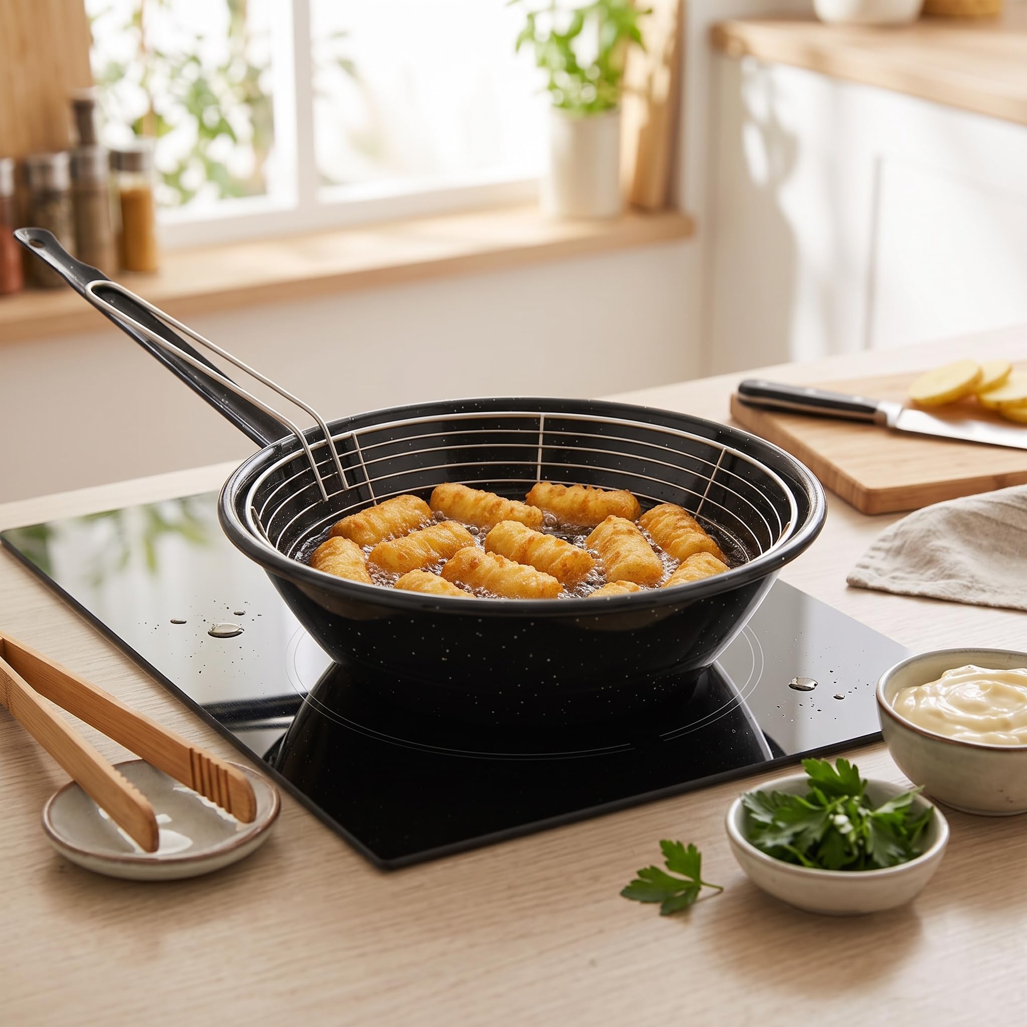Space Home - Padella Friggitrice con Cestello - Acciaio Vetrificato Antiaderente - 24 cm - Nero