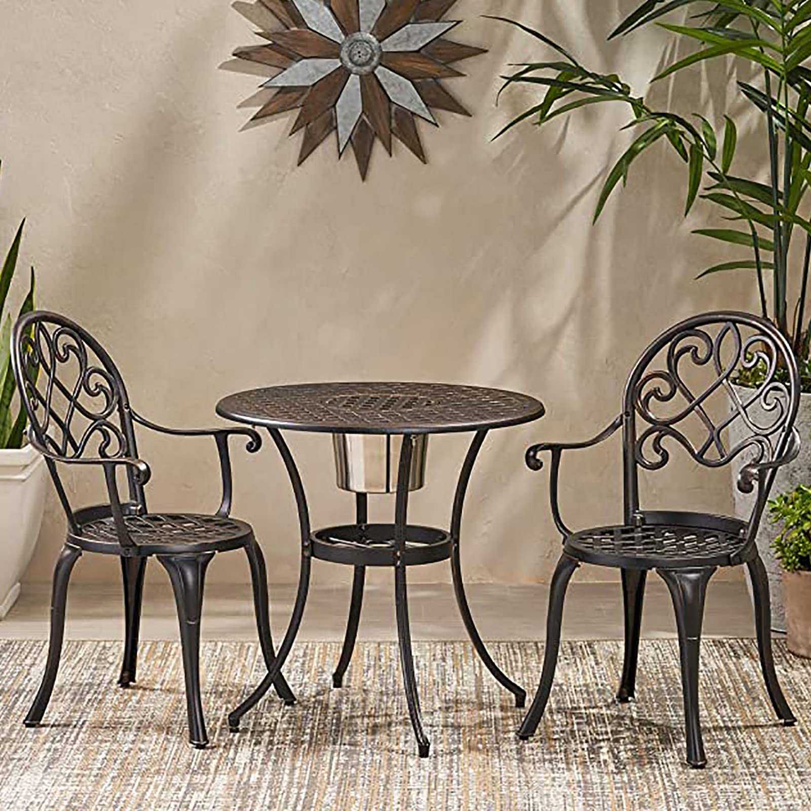 3 Pezzi Set da Bistrot con Secchiello per Il Ghiaccio Rimovibile - Set Mobili da Giardino in Fusione di Alluminio - Set Tavolo e Sedie da Giardino per Veranda, Cortile, Balcone, Giardino