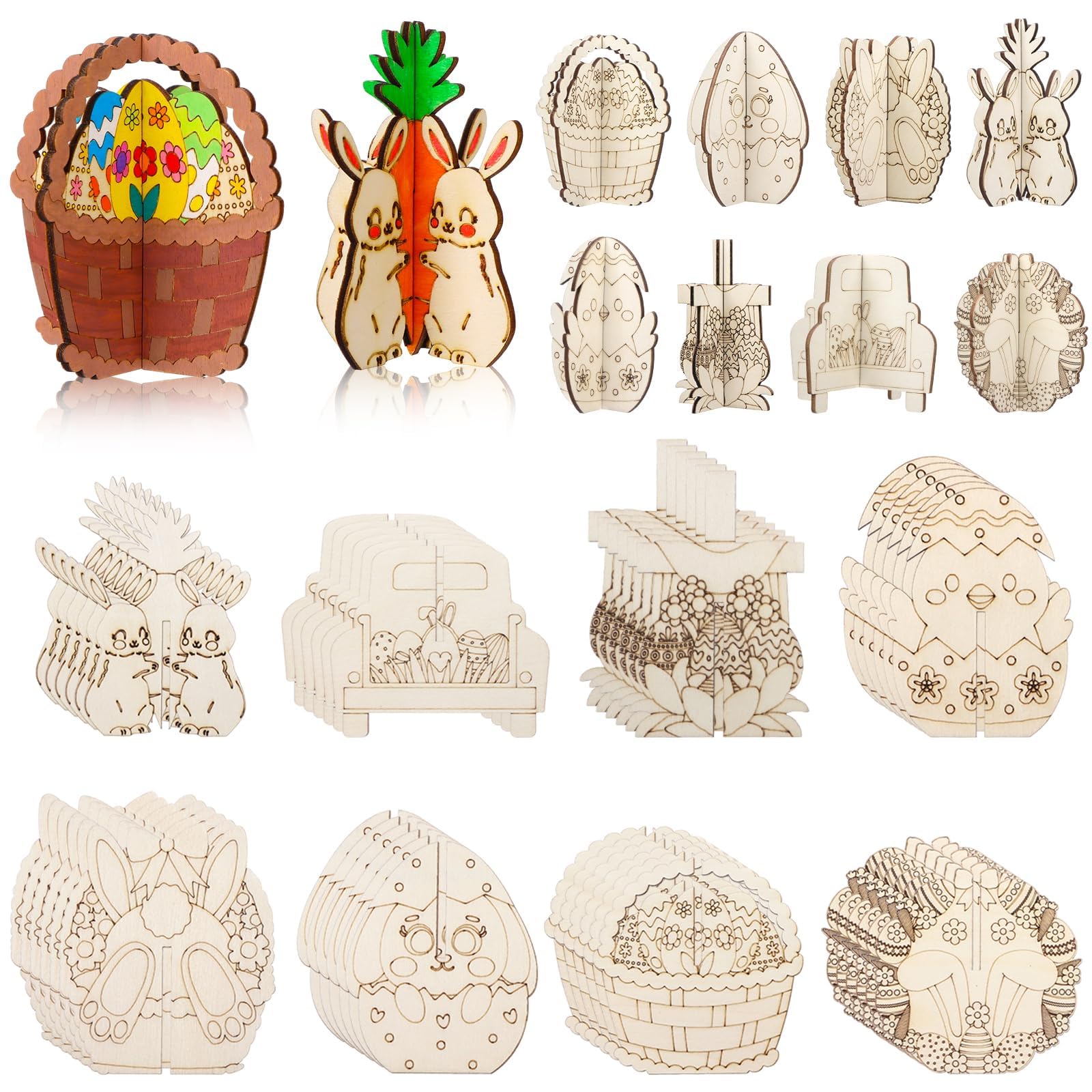YXSJAS 96Pcs 3D Wooden Craft to Paint DIY Unfinished Wood Crafts Kit Blank Egg Rabbit Bunny Carrot Slices to Paint Make Your Own DIY Hanging Ornament for Home Decorations