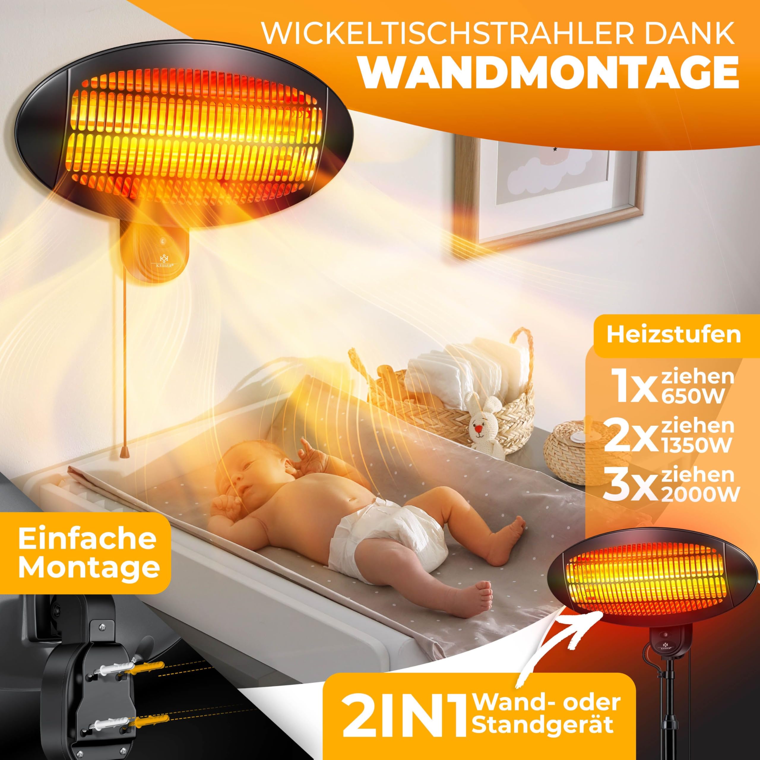 KESSER® Infrarot Wickeltischstrahler Wärmelampe für Baby, 2000W Heizlüfter Standgerät | Wandmontage Heizstrahler, mit Kippsicherung, 3 Stufen Rotlicht Heizung, Indoor Outdoor, Stand | Wand, schwarz