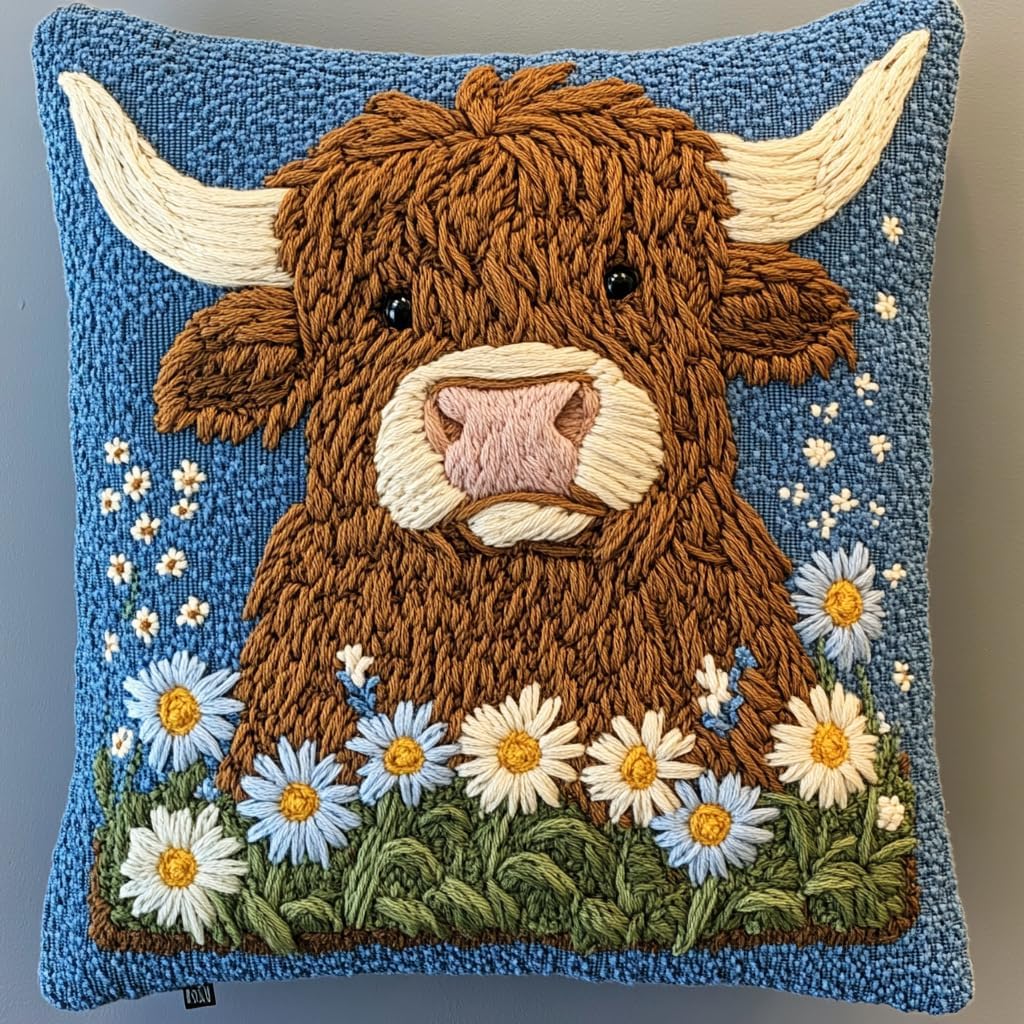 DIY Punch Needle Pillow Kit Cute Highland Cow Daisy Flowers with Pattern and Hoop Handmade Embroidery Punch Needle Starter Pillowcase Set for Home Sofa Decor 43x43cm-1-17