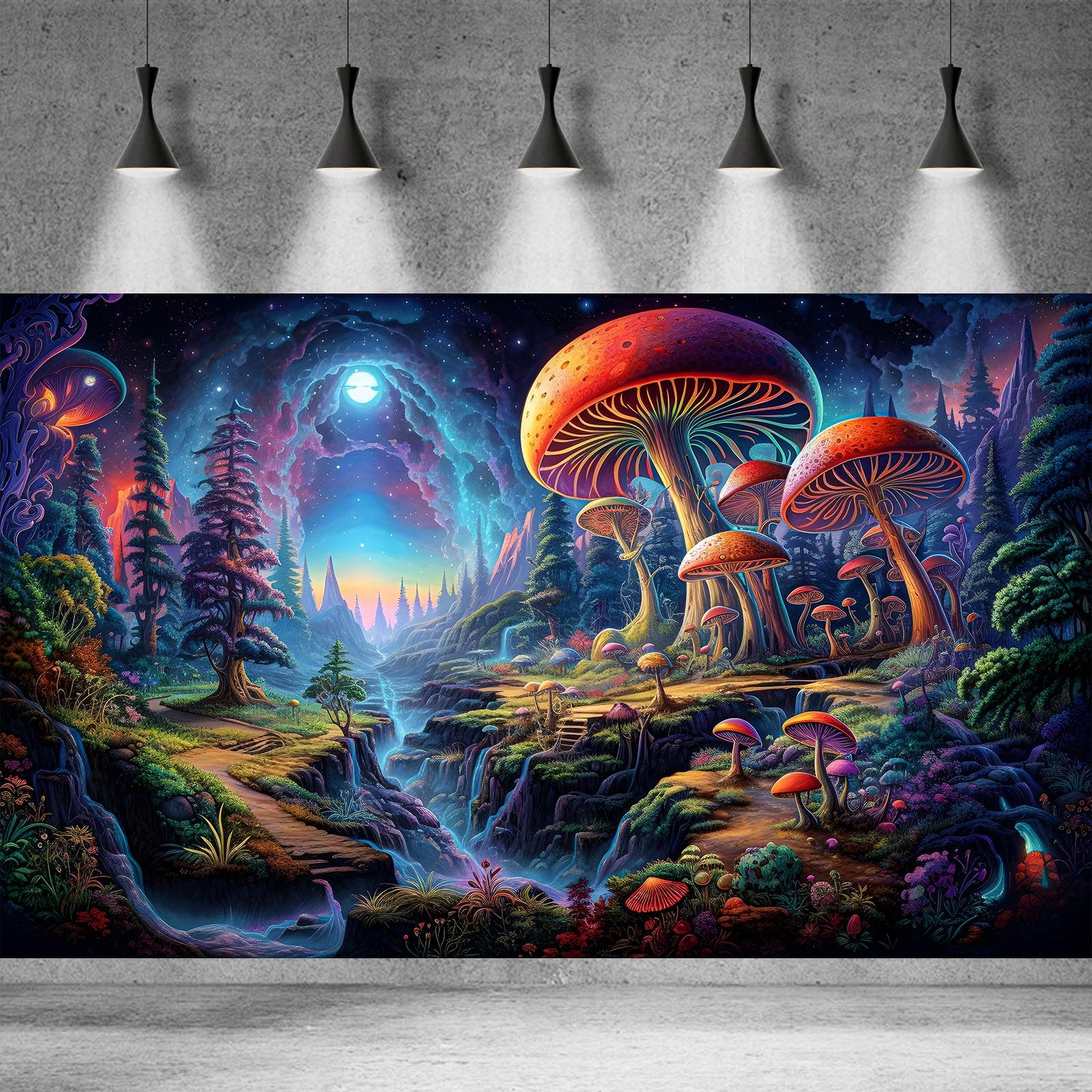 Fondo de acuario de bosque, fantástico paisaje de bosque de dibujos animados con setas y flores, fondo de terrario, árbol de pino, misterioso tema de hongos, telón de fondo para pecera, decoración de