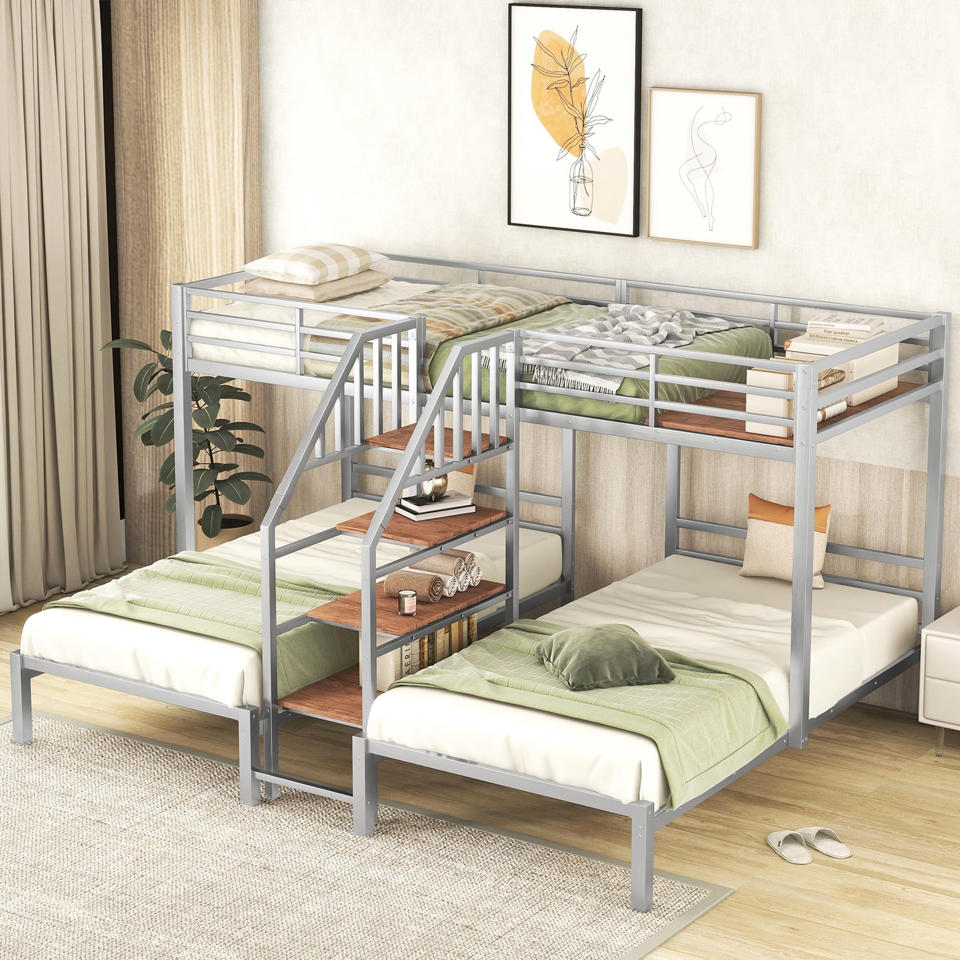 Harper & Bright Designs Metal Triple Bunk Bed with Stairs, 3 Beds Bunk Bed & Twin Over Twin Bunk Bed with Storage Shelves Staircase, for Kids Teens
