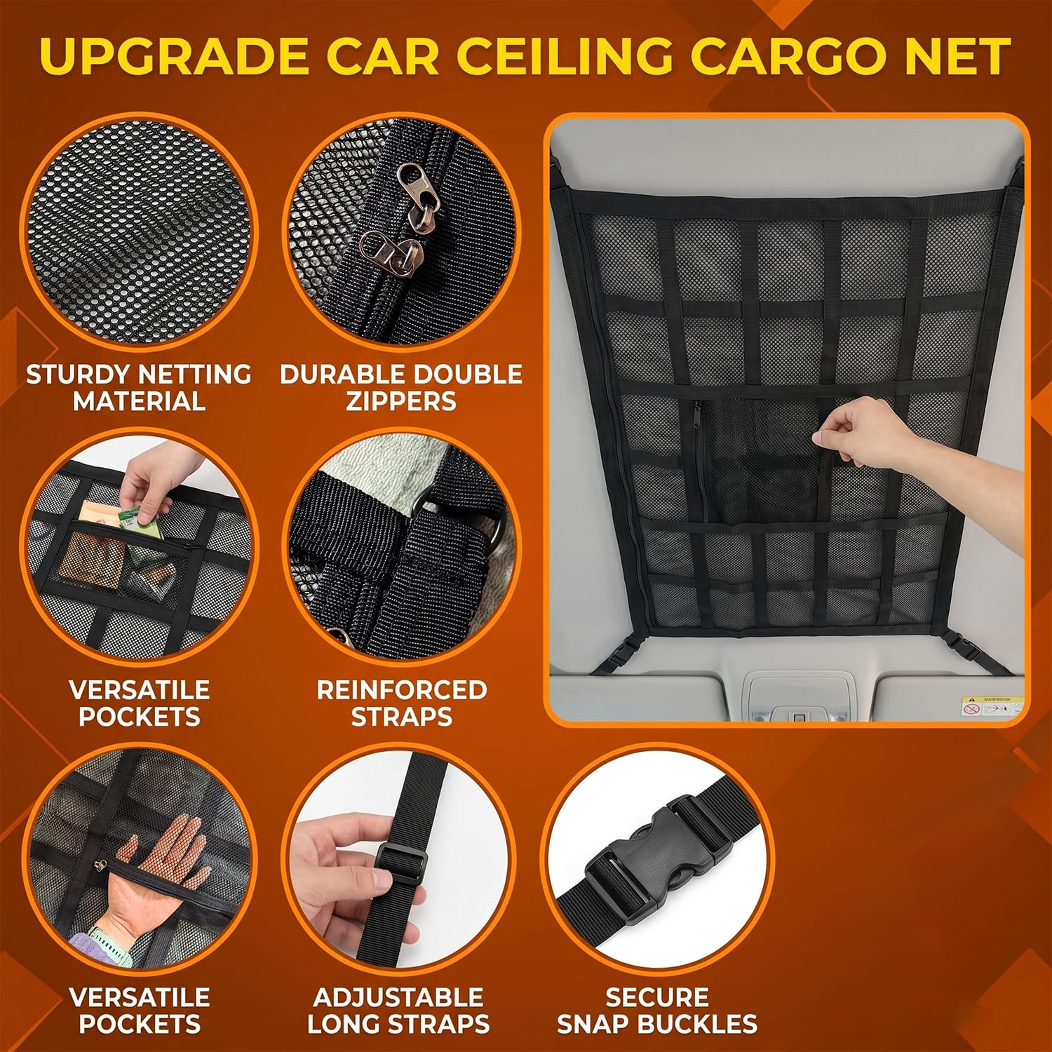 Red de equipaje de coche para almacenamiento, red universal para techo de coche, bolsa de malla con cremallera, 90 x 65 cm, para cuatro respaldos de techo, SUV, Jeeps, furgonetas y la mayoría de tipos