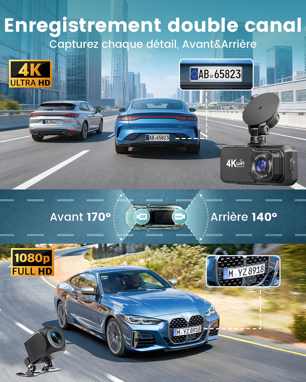Dashcam Voiture Avant Arrière, 4K+1080P Double Caméra WiFi avec Application, Camera Embarquée Voiture IPS 3.18" avec Carte 64Go Gratuite, Camera Voiture avec Mode de Stationnement 24H