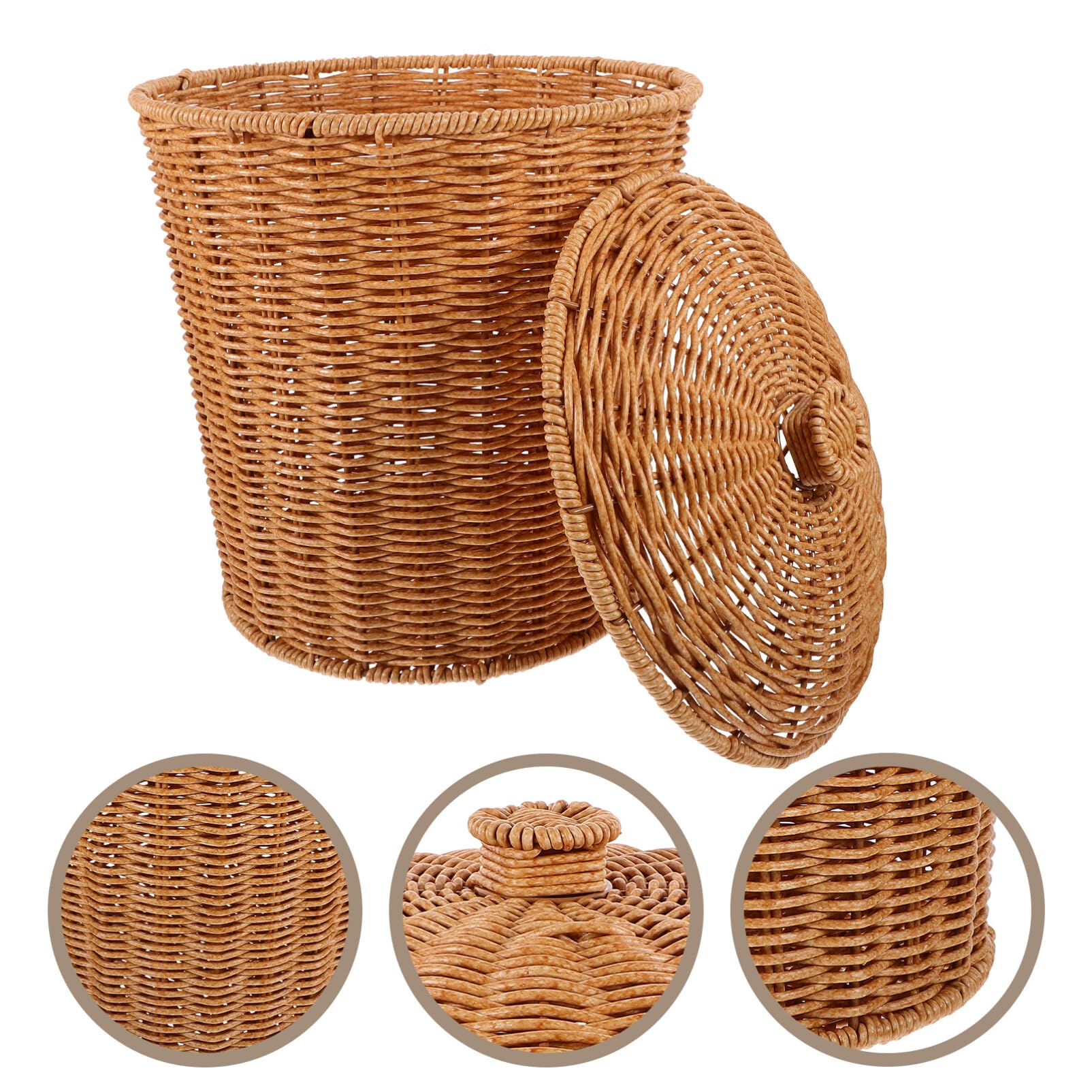 KOLWOVEN Rieten prullenbak met deksel in slaapkamer, badkamer - 3 gallon kleine prullenbak op kantoor - Boho geweven rieten afvalmand - kantoorvuilnisbakken voor onder bureau met plastic inzetstuk