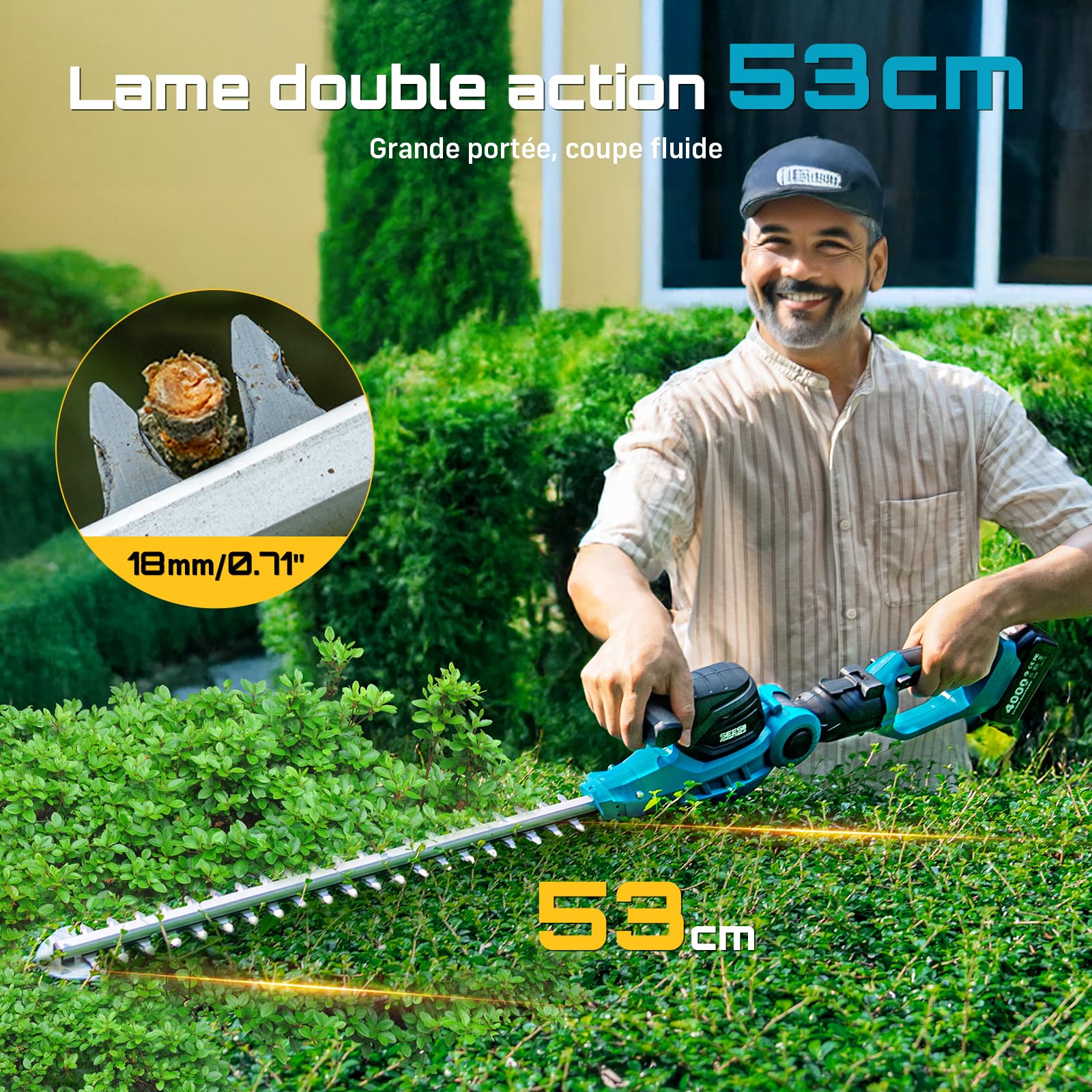 SEESII Taille Haie Batterie 2 en 1, Taille-Haies Électrique avec Lame de 53 cm, Portée Maximale de 2,6 m, Capacité de Coupe de 18 mm, 2 Batteries de 4,0Ah, Convient pour Jardin, Arbres et Arbustes