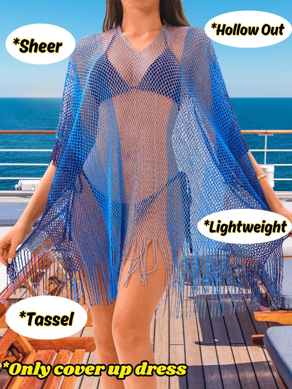 Kaei&Shi Sexy Sheer Gradient Swimsuit Coverup,Crochet Color Block Beach Dress,Fringe Bathing Suit Vacation Outfits for Women - Image 3