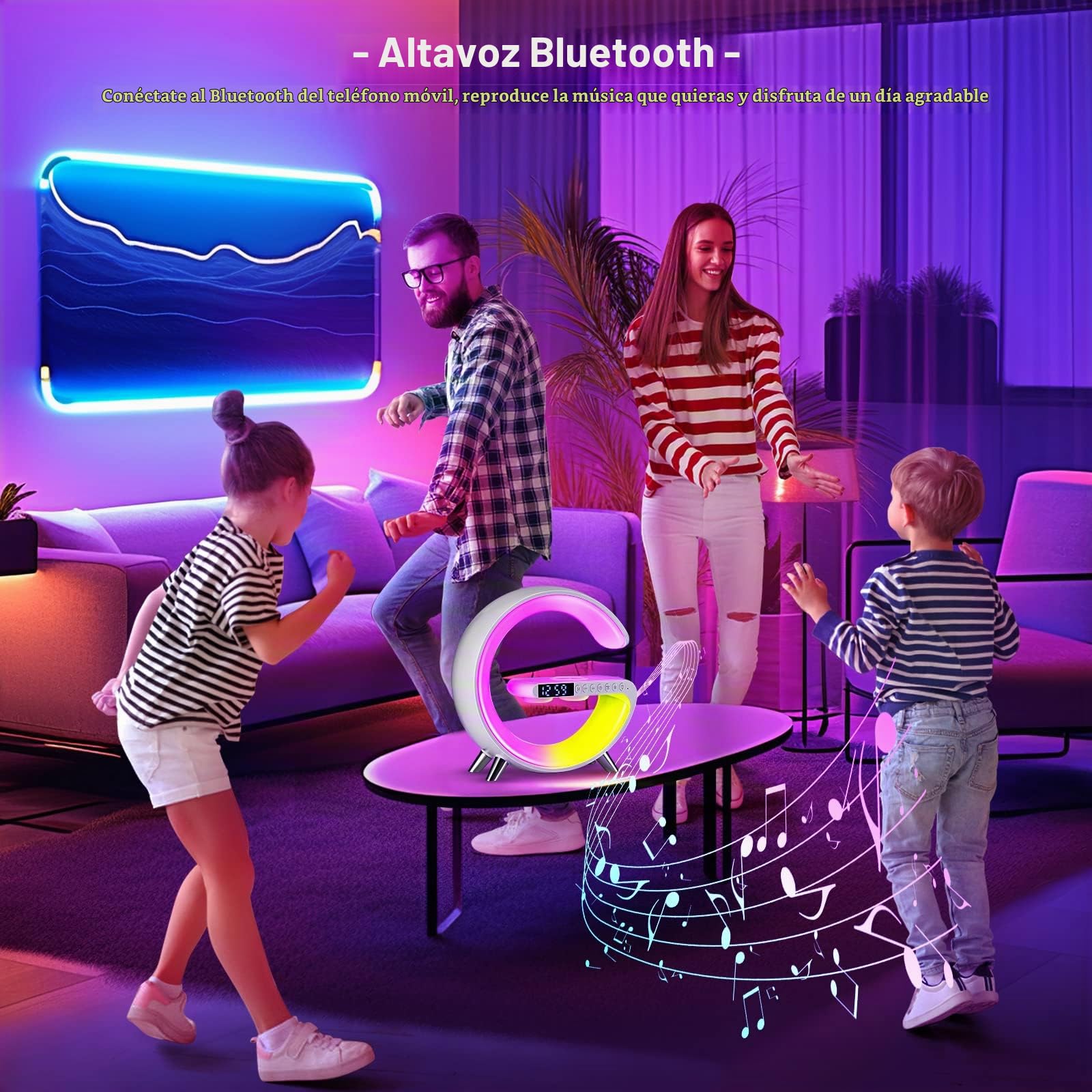 Lámpara de Mesa LED Inteligente, Lámpara de Ambiente con Cargador Inalámbrico, Altavoz Bluetooth Lámpara de Luz Nocturna Regulable, Reloj Despertador con Sincronización de Música (Blanco)
