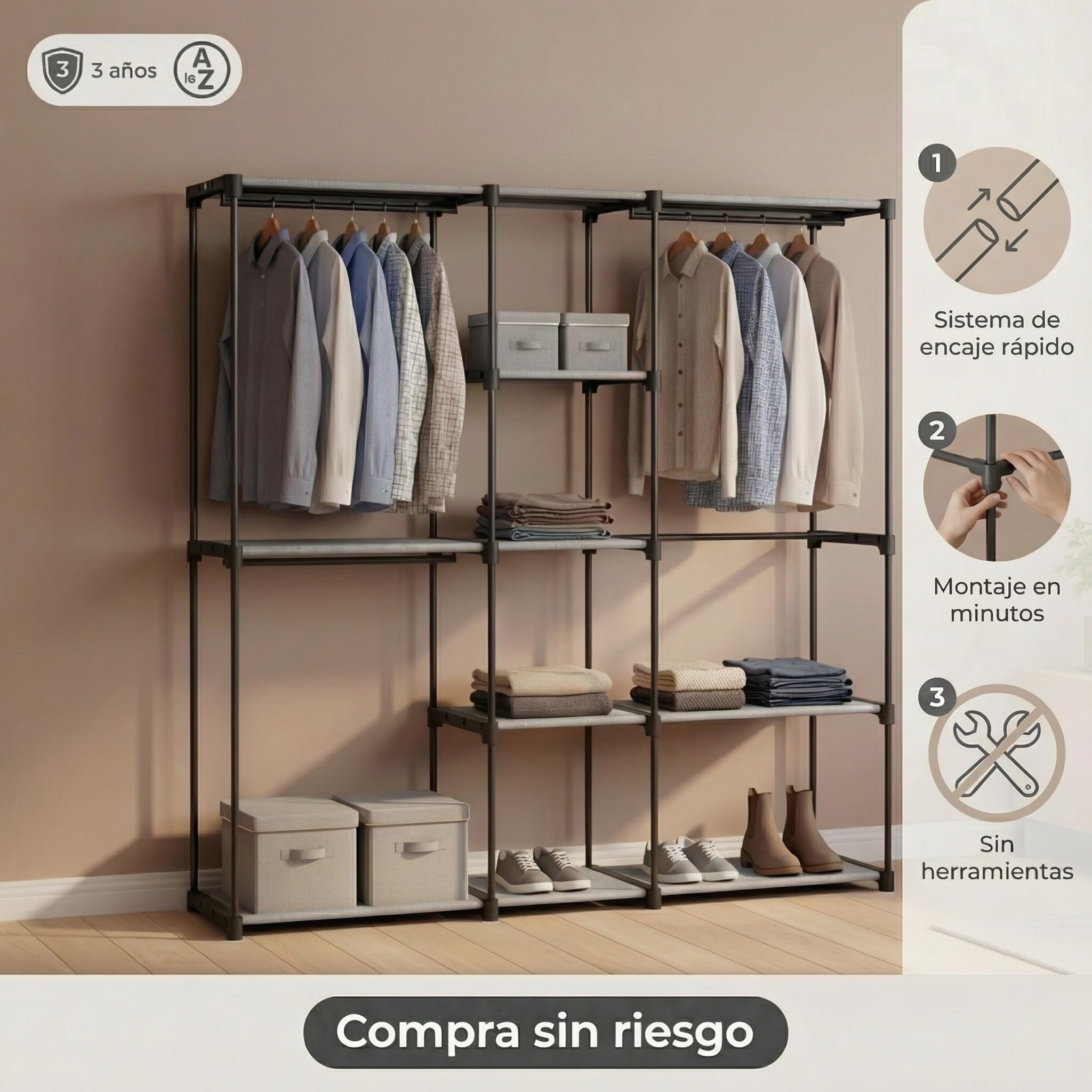 Pincho Burro Ropa, Armario de Tela, Armario Ropero Portatil para Ropa, Armario Tela, Organizador de Ropa, Vestidor Abierto, Closet Organizer, Perchero Burro Ropa Colgador Ropa - 182 x 43 x 182 cm