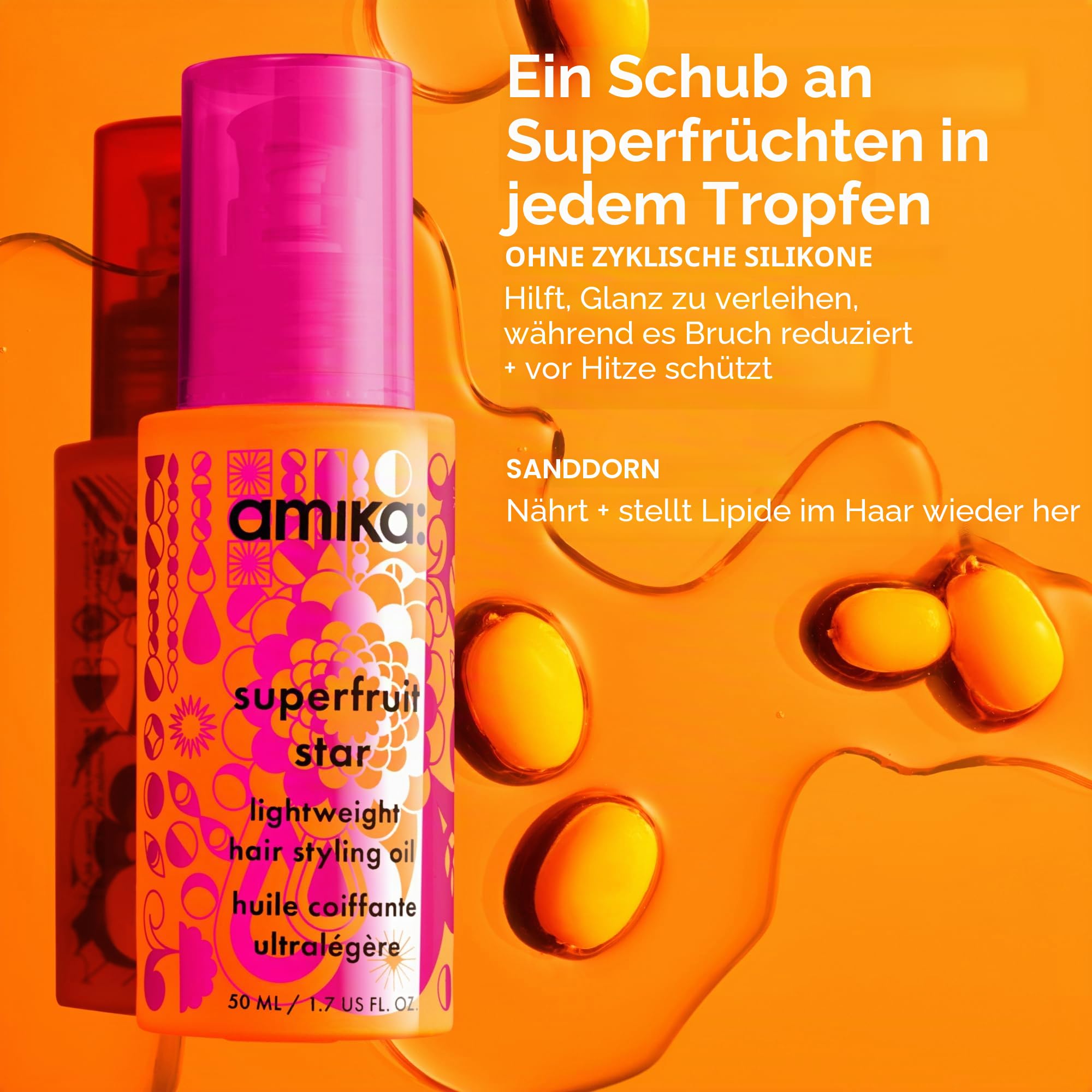 amika Superfruit Star Lightweight Hair Styling + Heat Defense Oil 50 ml | Leichtes Haaröl & Styling-Öl für Glanz & Anti-Frizz | Hitzeschutzöl bis 230 °C für alle Haartypen| vegan