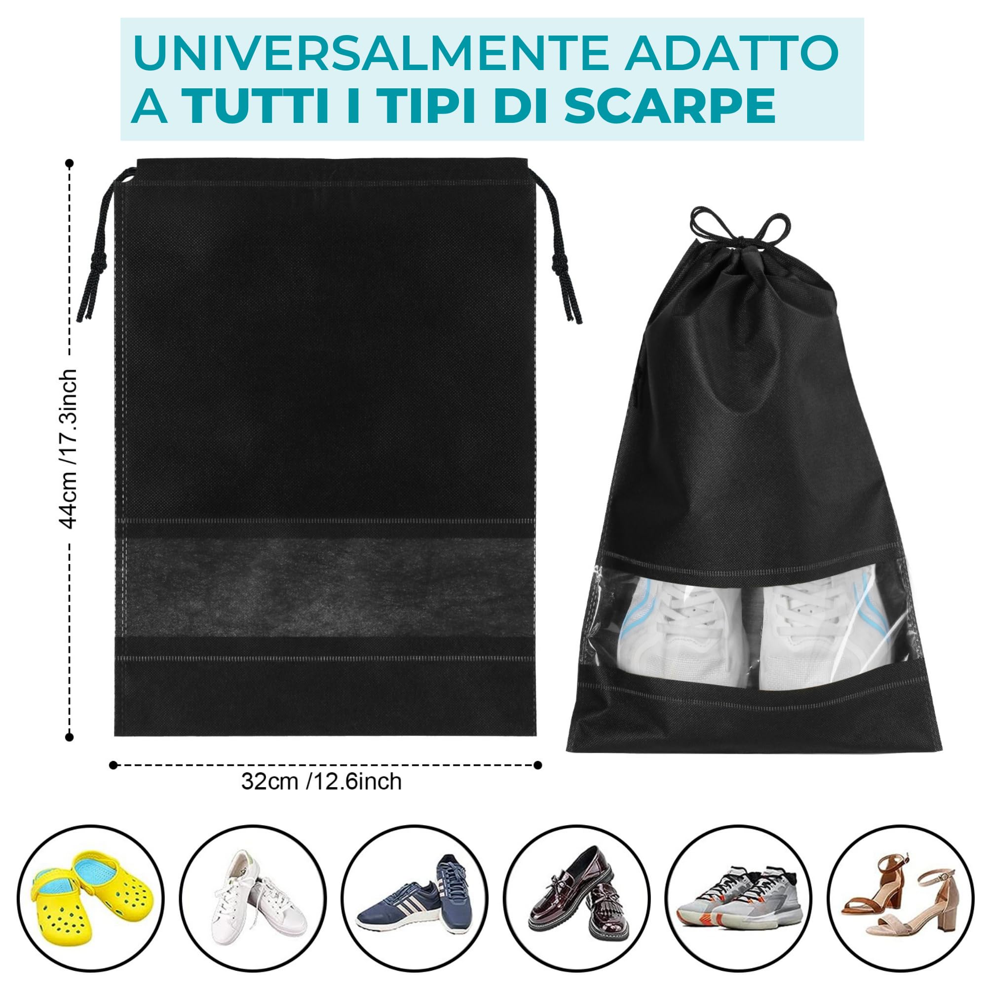 10 Borsa Scarpe da Viaggio, Sacchetti per Calzature con Coulisse e Finestrella Trasparente, Impermeabile Grande Organizzatore Portatile per Stoccaggio Scarpe per Scarpe da Uomo e da Donna