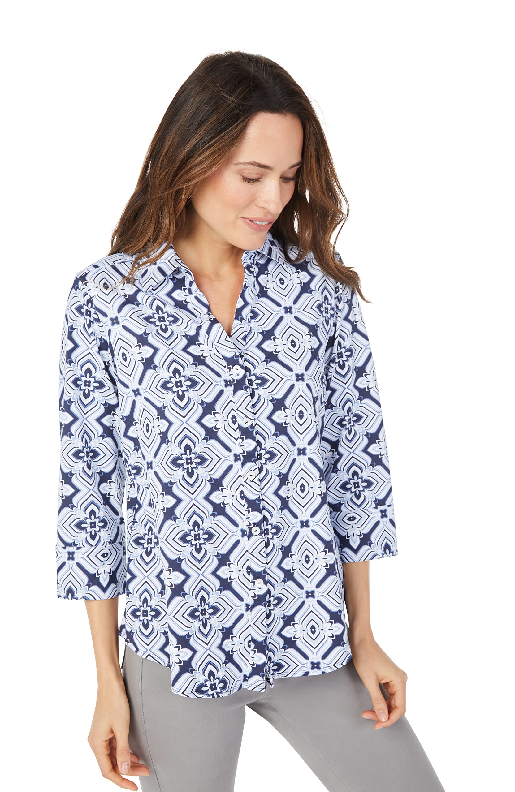 Foxcroftwomens Mary 3/4 Sleeve Floral Jersey Blouse Button Down Shirt