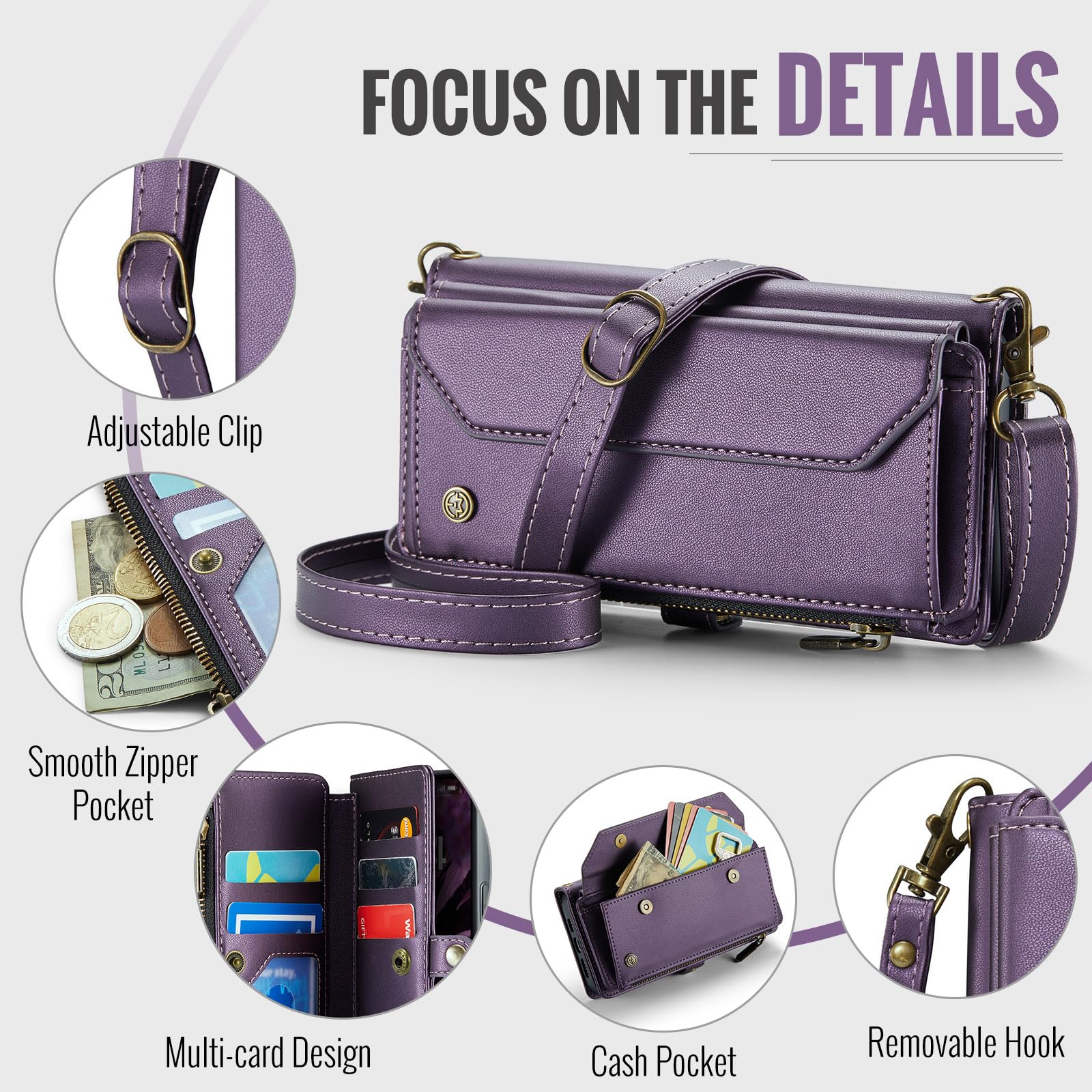 Dteck Custodia a portafoglio per iPhone 16 2024, con tracolla e cordino da polso, blocco RFID, slot per carte e tasche, custodia protettiva in pelle PU con funzione borsa/supporto, viola