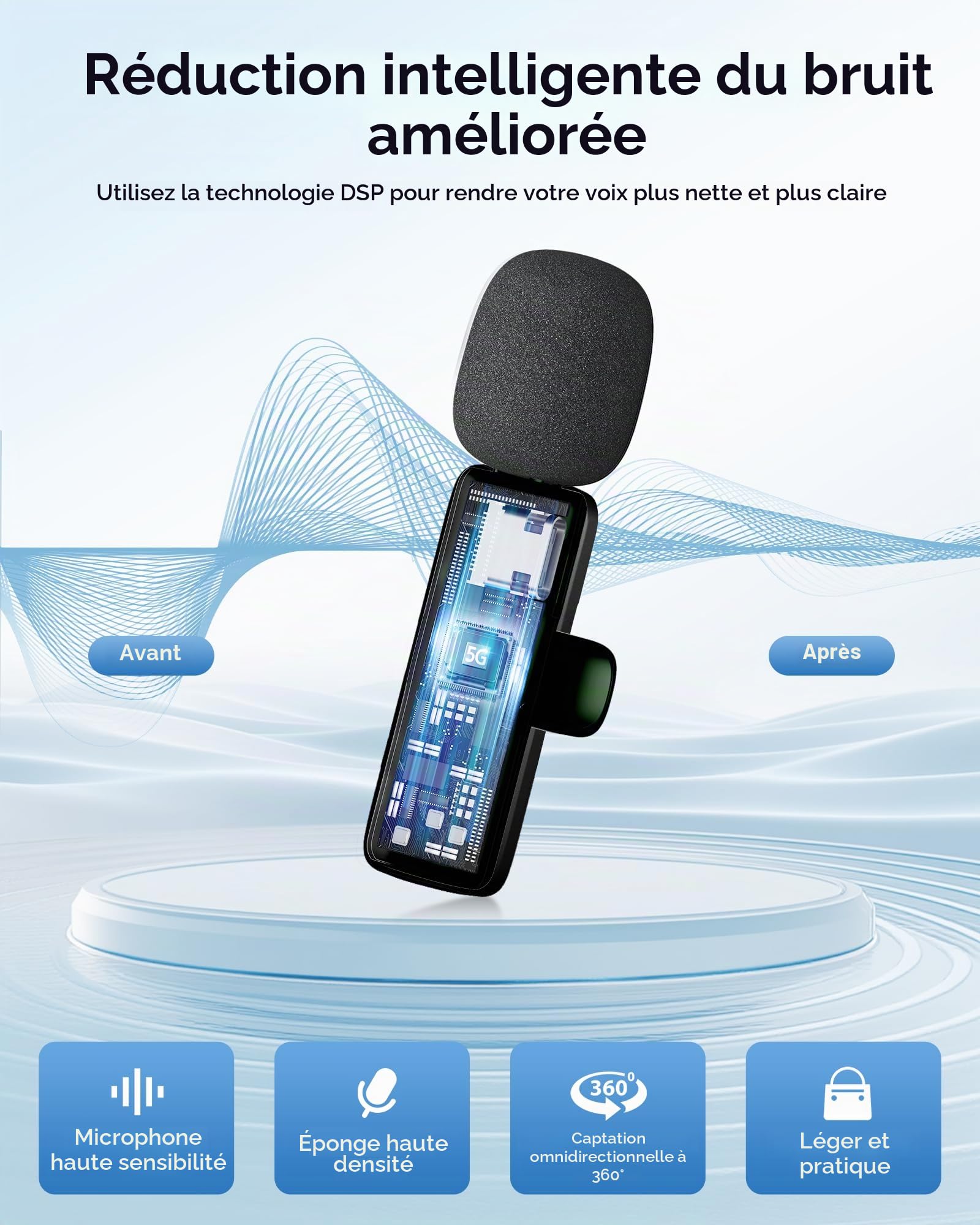 CZOCPOS Micro Cravate sans Fil pour lPhone, lPad et Android, Lot de 7 Mini Microphone sans Fil avec Réduction de Bruit, Plug & Play, Idéal pour Vidéo, Interview, Podcast, Youtube，Obsidienne Noir