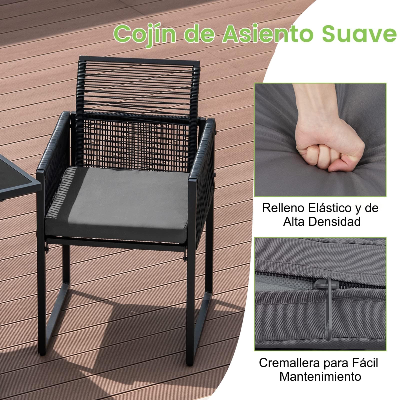 COSTWAY Conjunto Jardin Exterior de 3 Piezas, Conjunto Mesa y sillas Jardin de Ratán PE, Respaldo Plegable, Cojines Extraíbles, Mesa de Cristal Templado, Patio Jardín Terraza