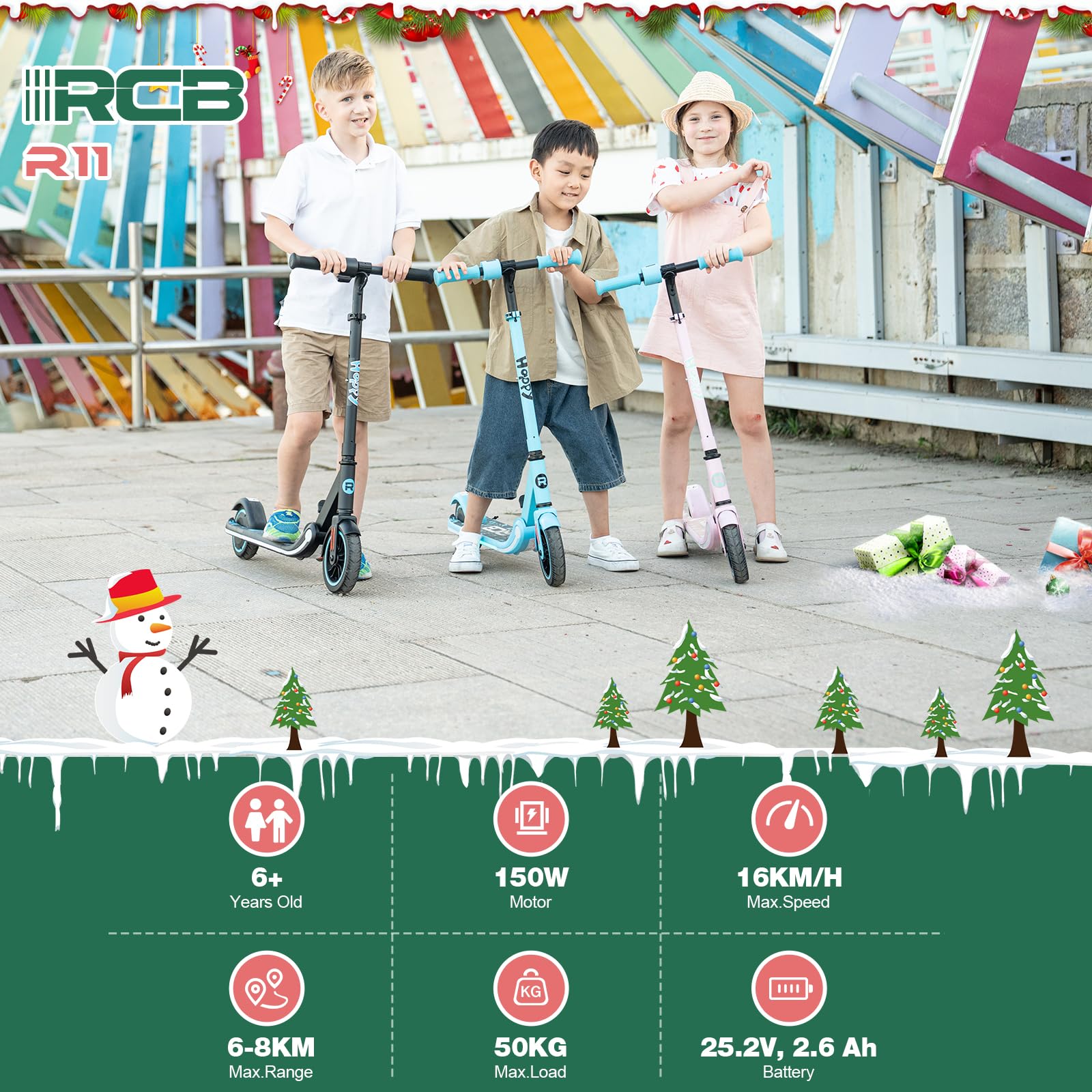 RCB Monopattino Elettrico per Bambini 6-12 Anni, Motore 150W - Max 16 Km/h - Luce LED Arcobaleno - Pieghevole - Display a LED - Velocità e Altezza Regolabili, Regalo per Bambini ed Adolescenti