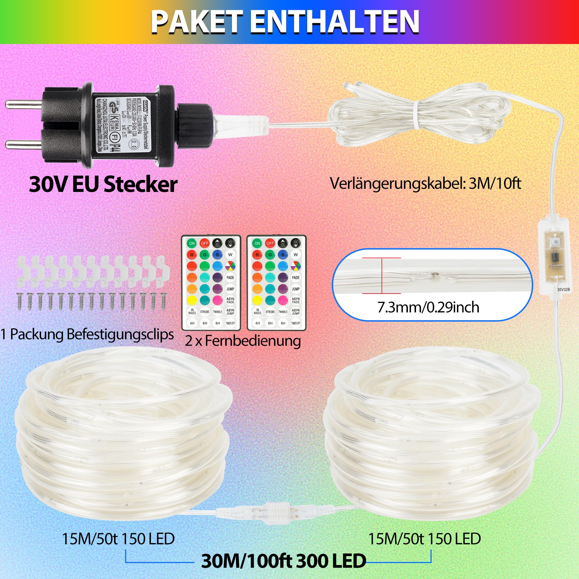 StarryEver Anschließbar 30M LED Schlauch Lichterkette Außen Strom, 300er LED Lichtschlauch Außen Bunt, 18 Farben Lichterkette Innen, Patio Lichterschlauch mit Fernbedienung für Outdoor Garten Balkon