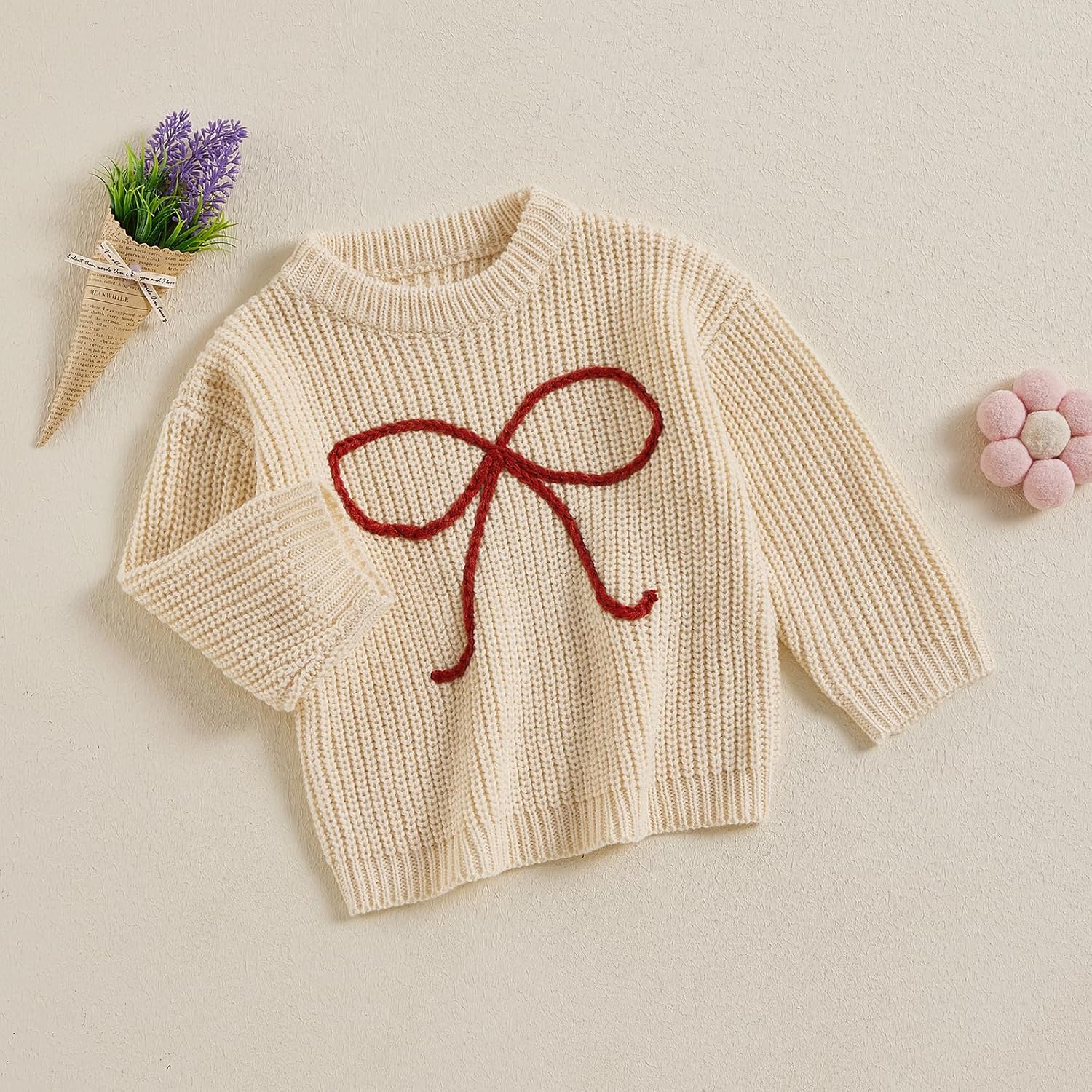 Toddler Baby Girl Knit Sweater Bow Embroidery Chunky Sweatshirt Tops Oversized Warm Christmas Fall Winter Clothes - Image 3