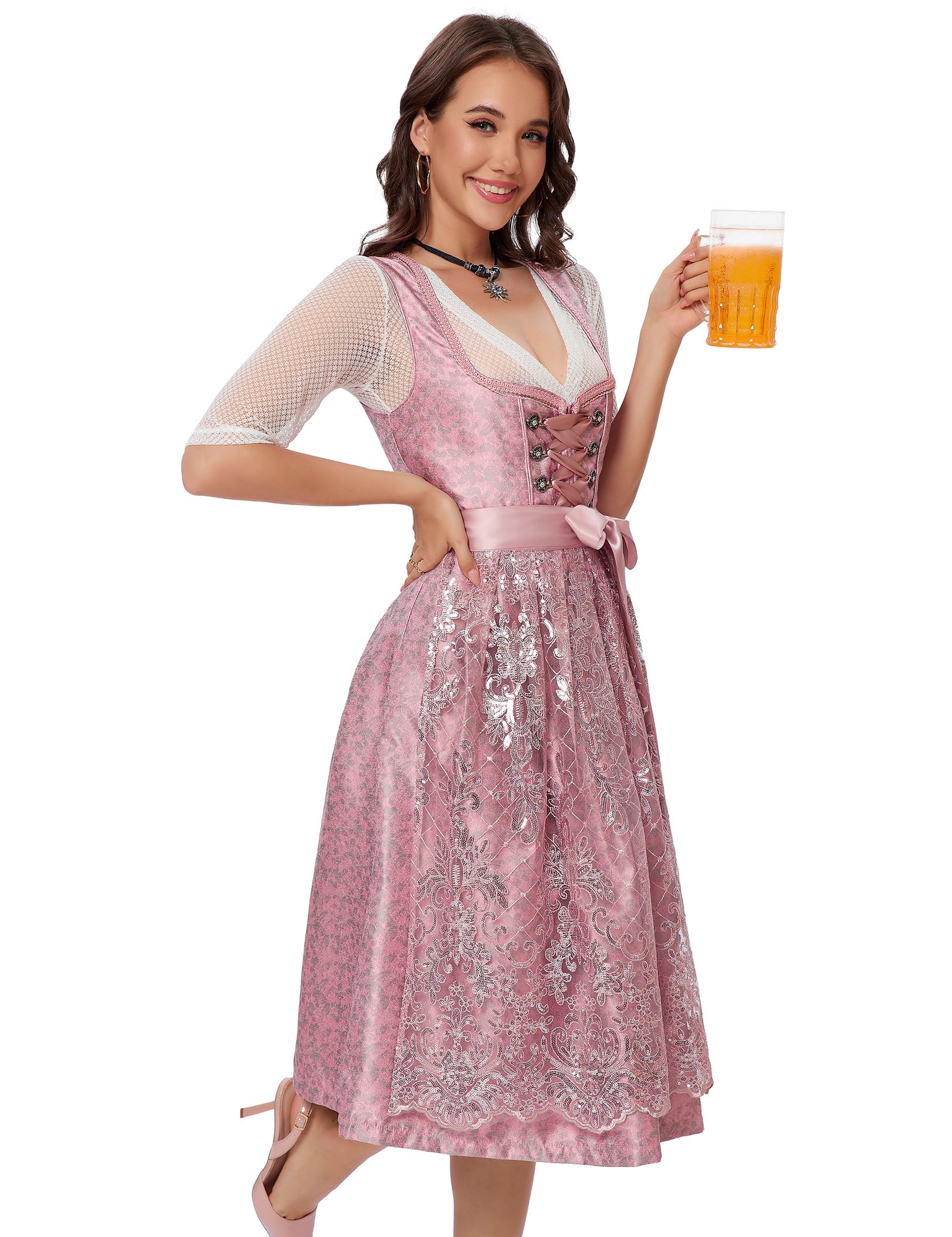 YesFashion Dirndl Damen Midi Dirndl für Damen Trachtenkleid 3Tlg. Trachtenmode Kleid für Oktoberfest Rosa