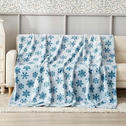 Manta de forro polar con diseño de copo de nieve, manta decorativa de franela suave y mullida para sofá cama, ligera, cálida y bonita manta azul
