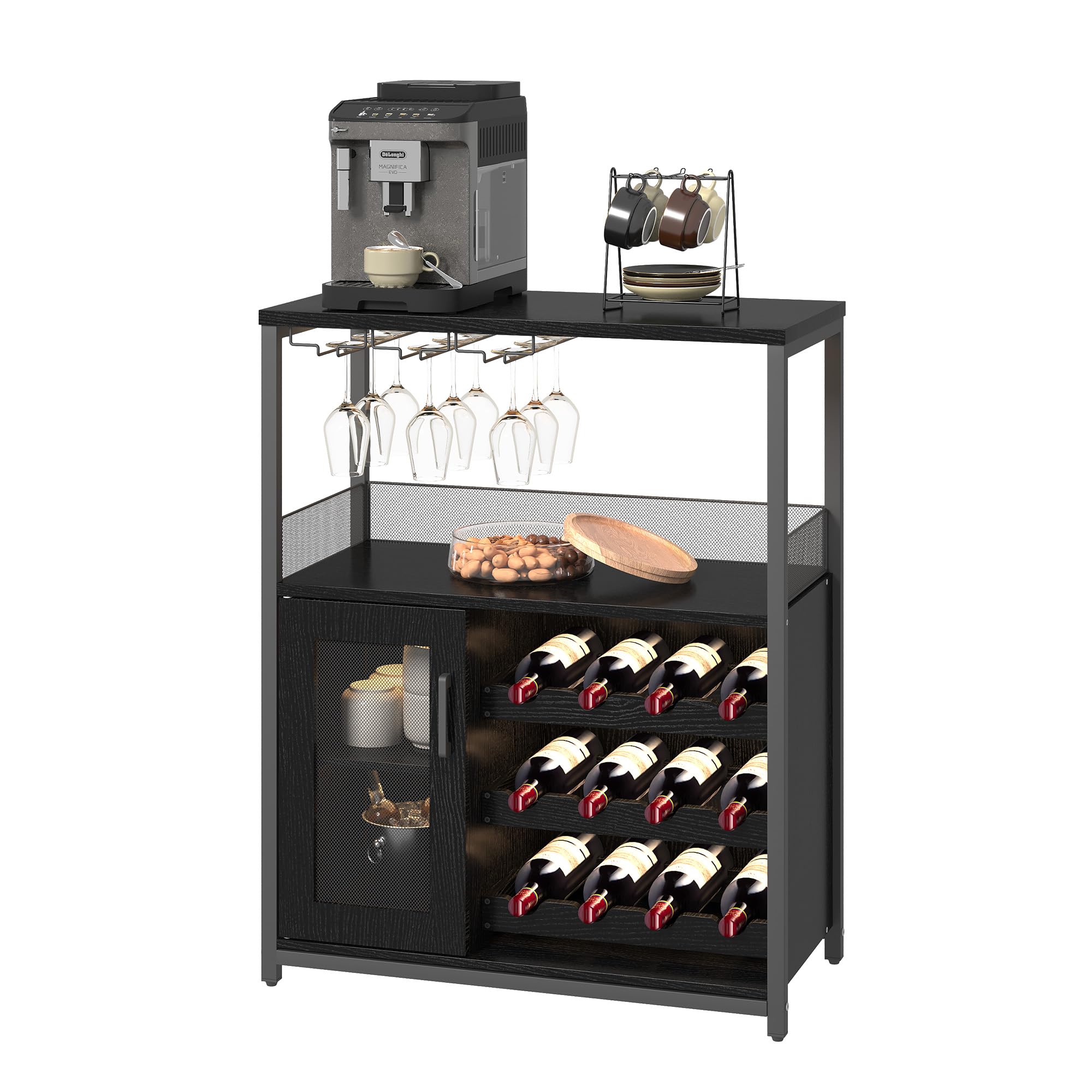 Vintage Industrial Wine Bar Cabinet with Adjustable Wine Racks and Glass Holders, Mesh Door Sideboard Storage Cabinet for Living Room, Kitchen, Dining Room, Compact Design, Easy Assembly,Black
