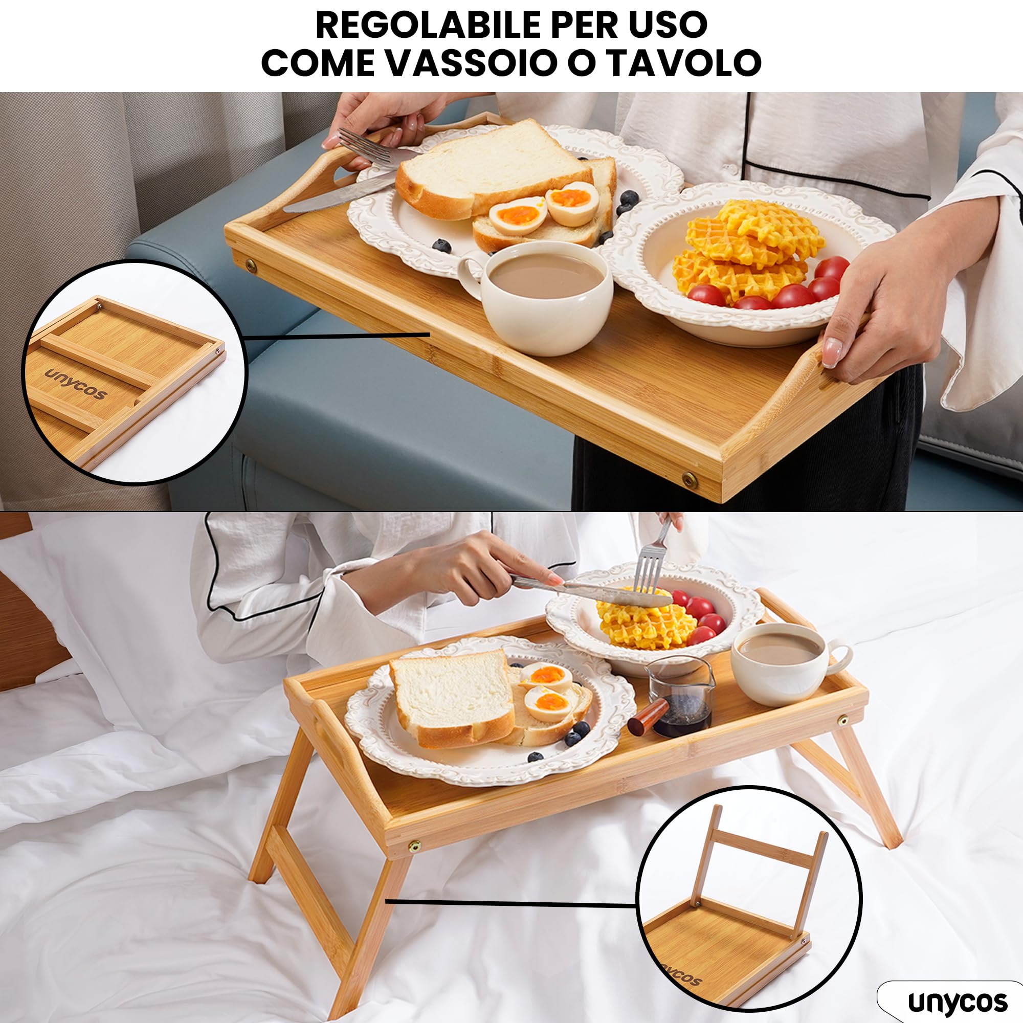 unycos - Vassoio per la Colazione e da Letto in Bambù【50x30x22,3 cm】Tavolo Pieghevole PC Portatile | Bordo Alto, Tavolino Multifunzione, Resistente all'Umidità per Lavorare/Leggere (Tavolo da Pranzo)