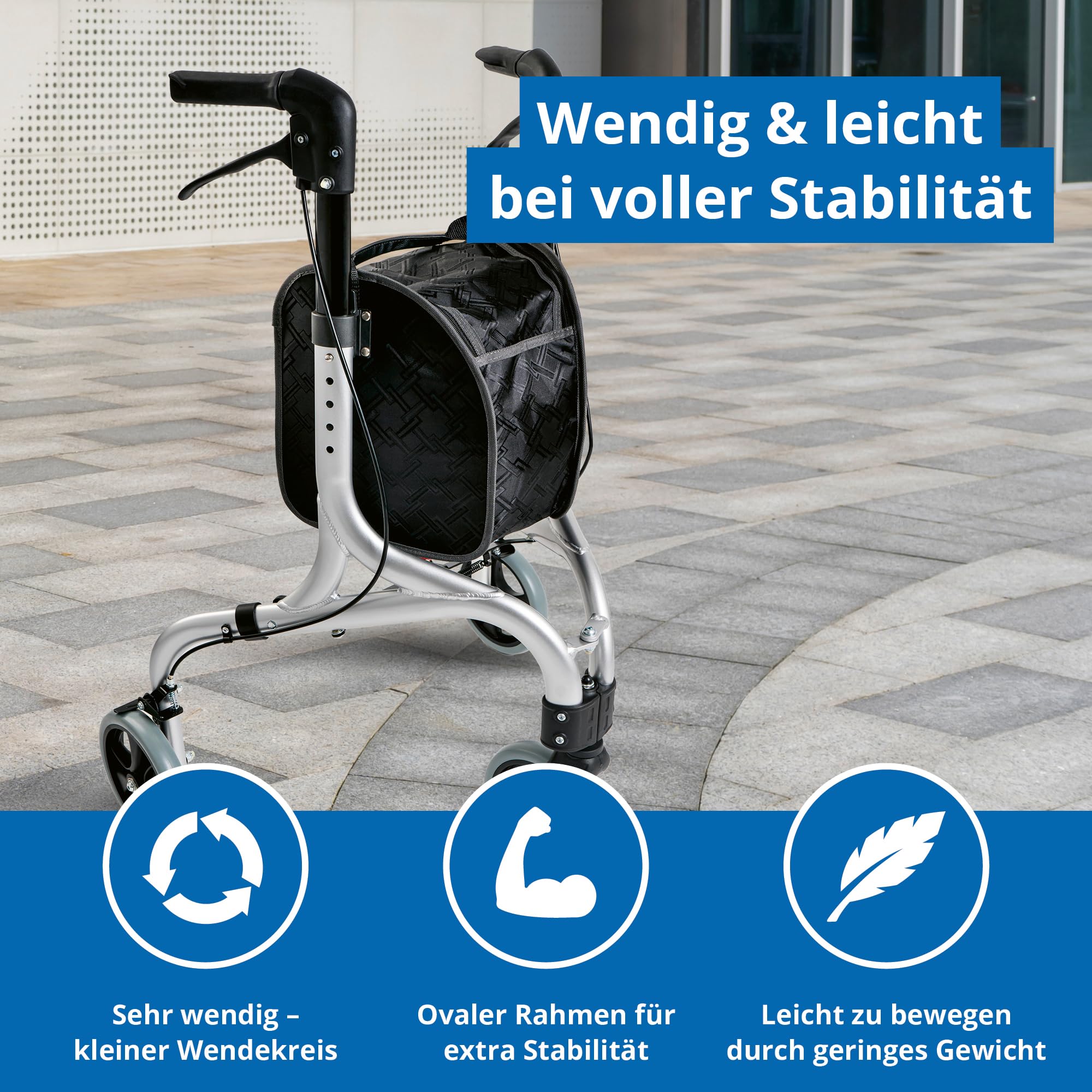 Weinberger 3 Rad Rollator faltbar & leicht, 4,2 kg | 68 cm breit, Tasche | Wendiger & höhenverstellbarer Indoor & Outdoor Dreiradrollator für Senioren | Gehhilfe, Laufhilfe