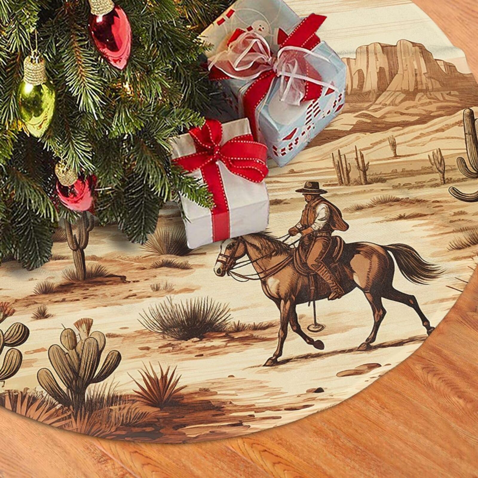Fodpand Black West Desert Cactus With Cowboys Riding Horses Christmas Tree Skirt 30" Velvet Xmas Tree Skirt Mat Rustic Christmas Tree Mat Cover Winter Xmas Tree Collar For Indoor Outdoor Christmas Decorations