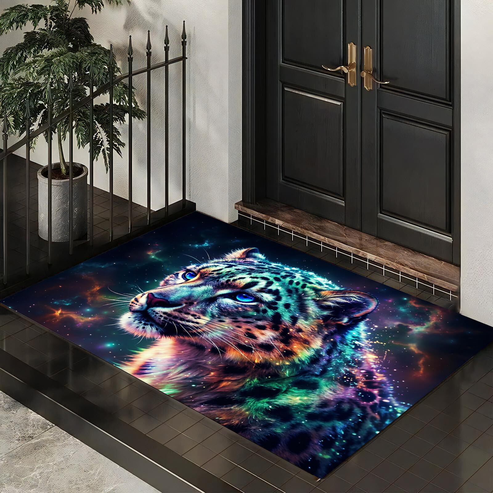 Tapete Azul Hermoso Leopardo De Las Nieves Puerta Felpudo De Entrada Exterior Atrapar Suciedad Alfombra Animales Fantásticos para Interior Jardines Cocina Pasillo Trasera Delantera,80X120Cm