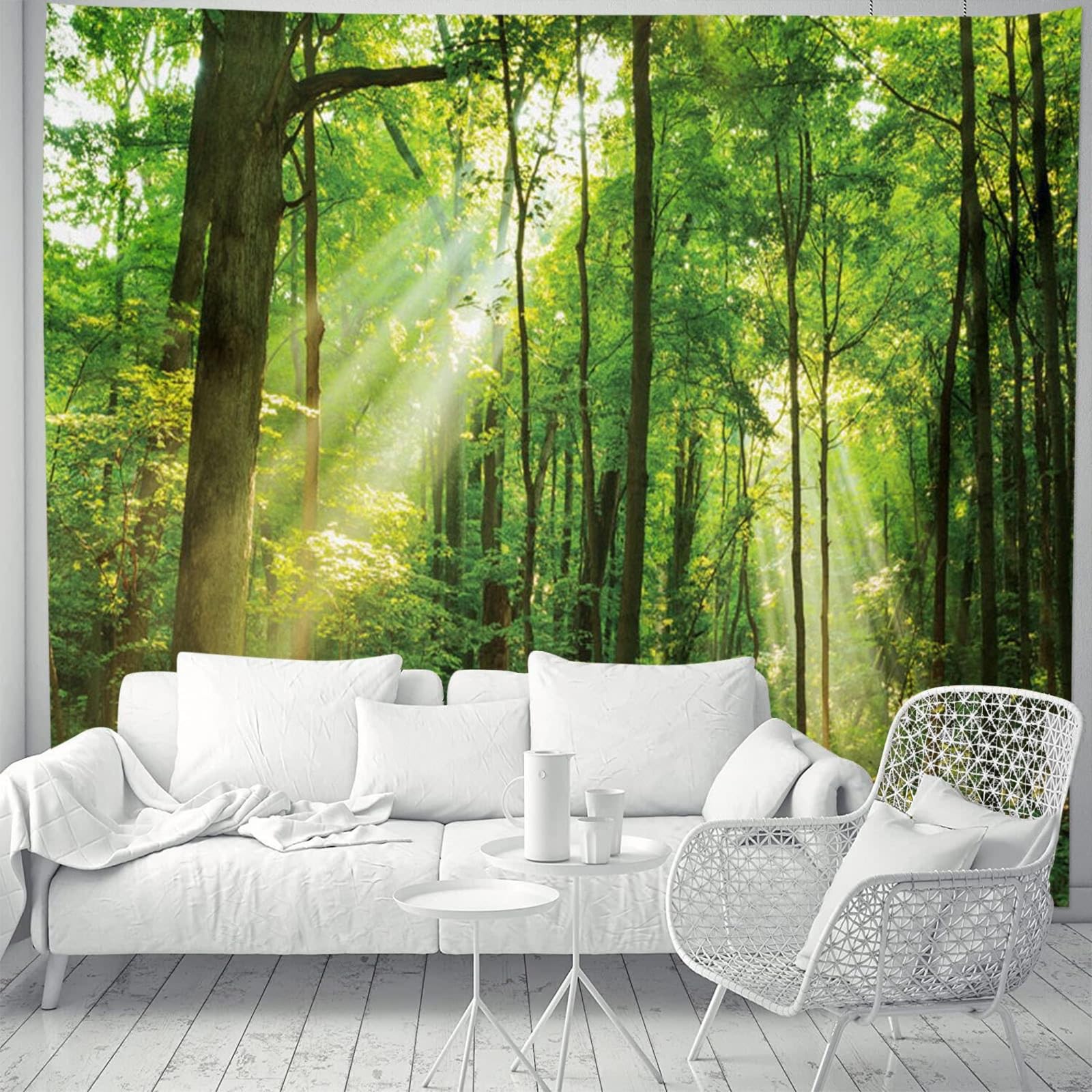 Skcess Dywan ścienny z motywem lasu, 200 x 200 cm, dekoracja ścienna, zielony, dywan ścienny, motyw drzewa, wschodu słońca, gobelin, dżungla, krajobraz, chusta na ścianę