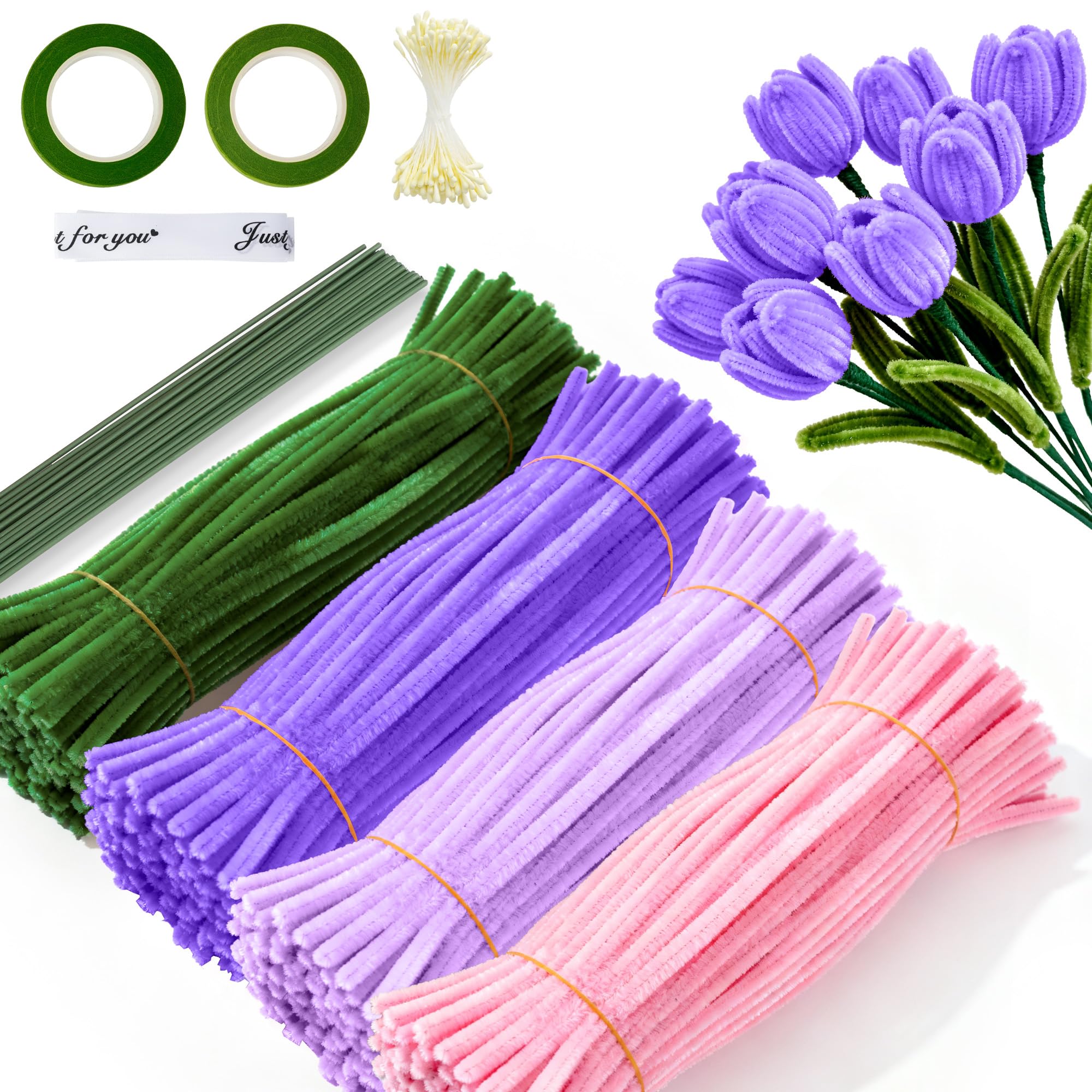 Pipe Cleaner Flower Craft Set, Pipe Cleaners for Crafts, 4 Colours, Pipe Cleaner with 20 Pieces Green Craft Thread, Gift Tape, Adhesive Tape, DIY Projects such as Dried Flowers (Purple)