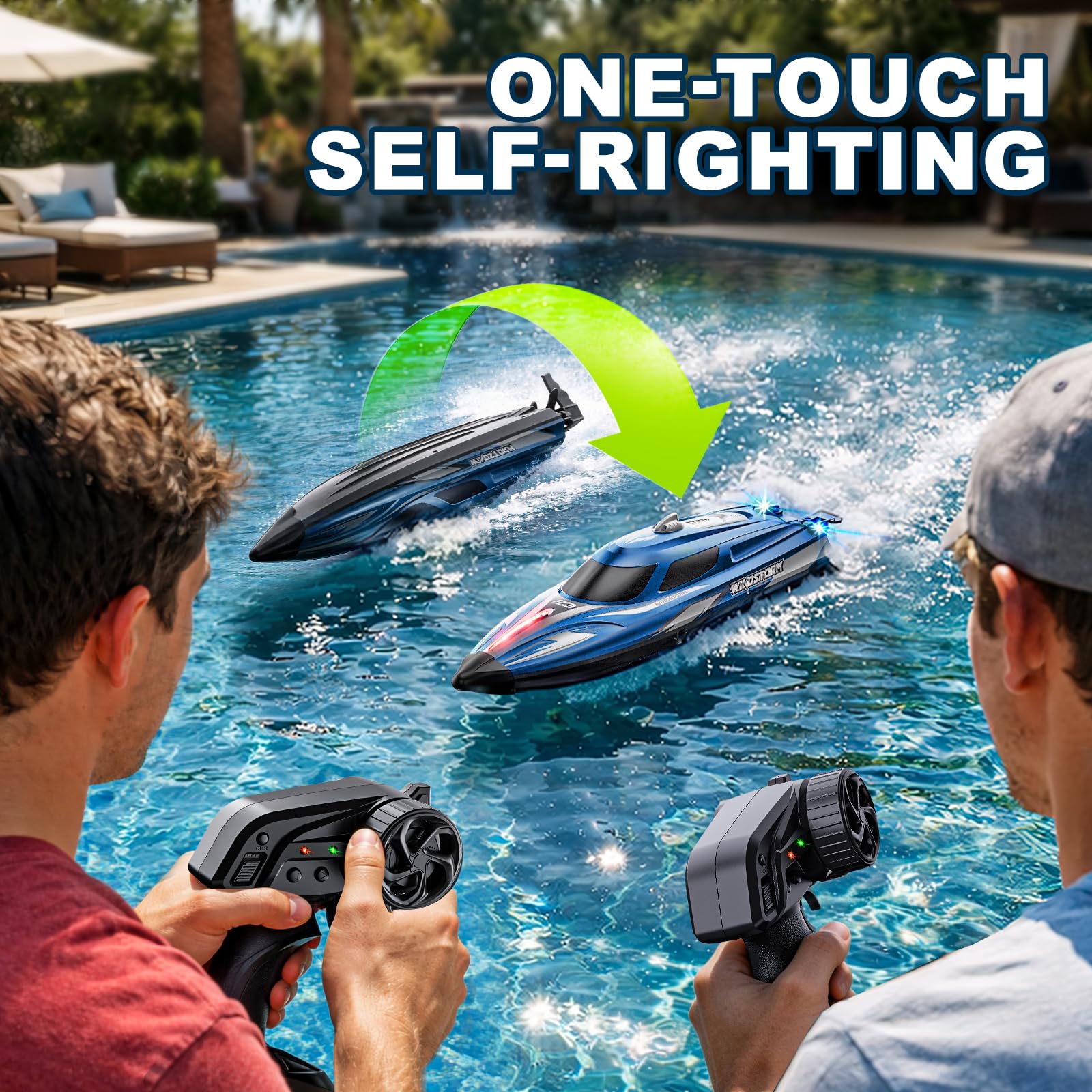 YESHIN Barca telecomandata 25 km/h, barca radiocomandata da 2,4 GHz con luci a LED, 2 batterie, impermeabile e antiribaltamento, distanza di funzionamento 150 m, adatto per piscina e laghi, regalo per