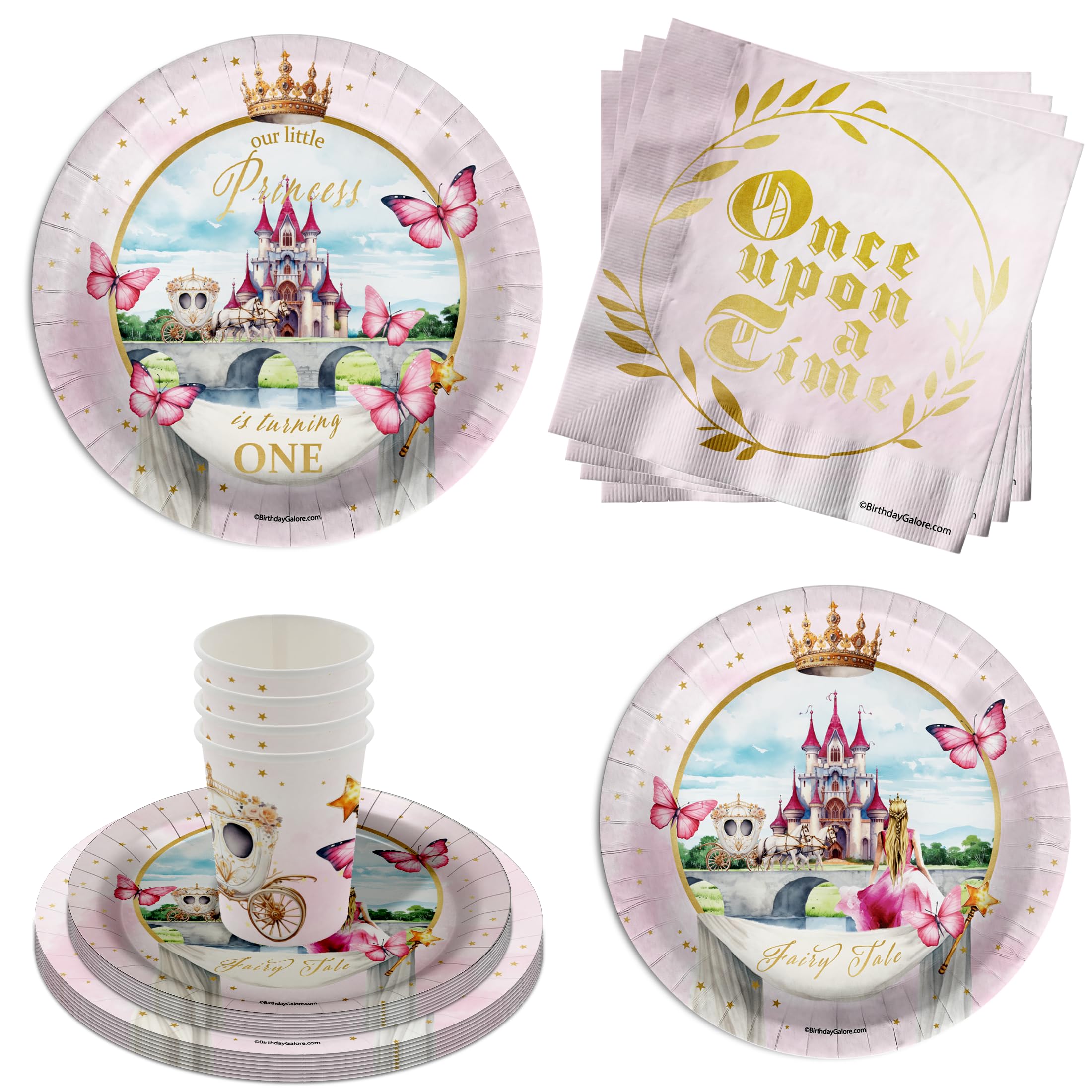 Fairytale Princess 1st Birthday Party Supplies - 64 Piece Girls First Birthday Tableware Set Includes Large 9" Dinner Plates and 8" Dessert Paper