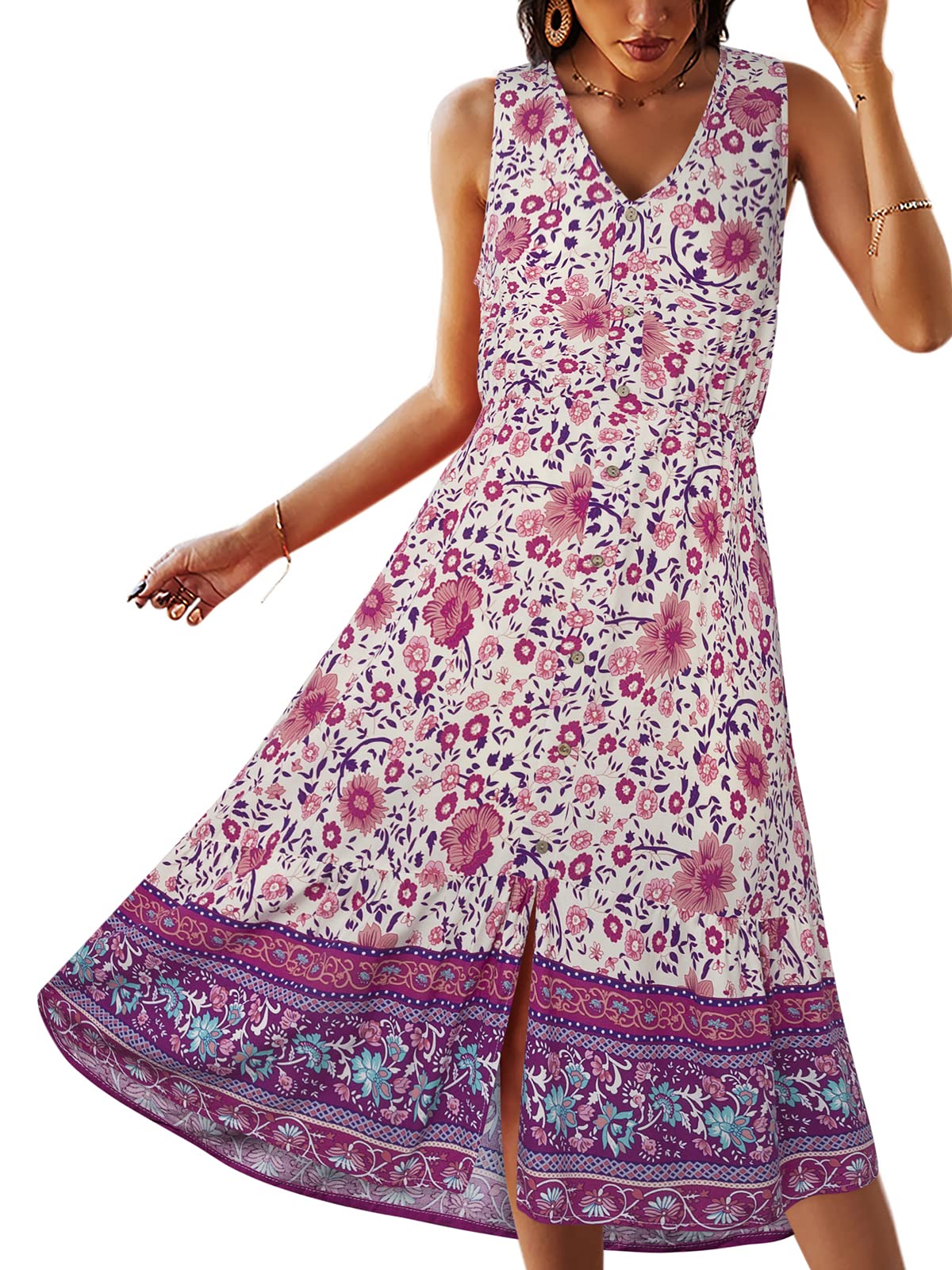 TEMOFON Women Dress Summer Sleeveless Bohemian: Floral V Neck Button Down Flowy Boho Dresses S-XL