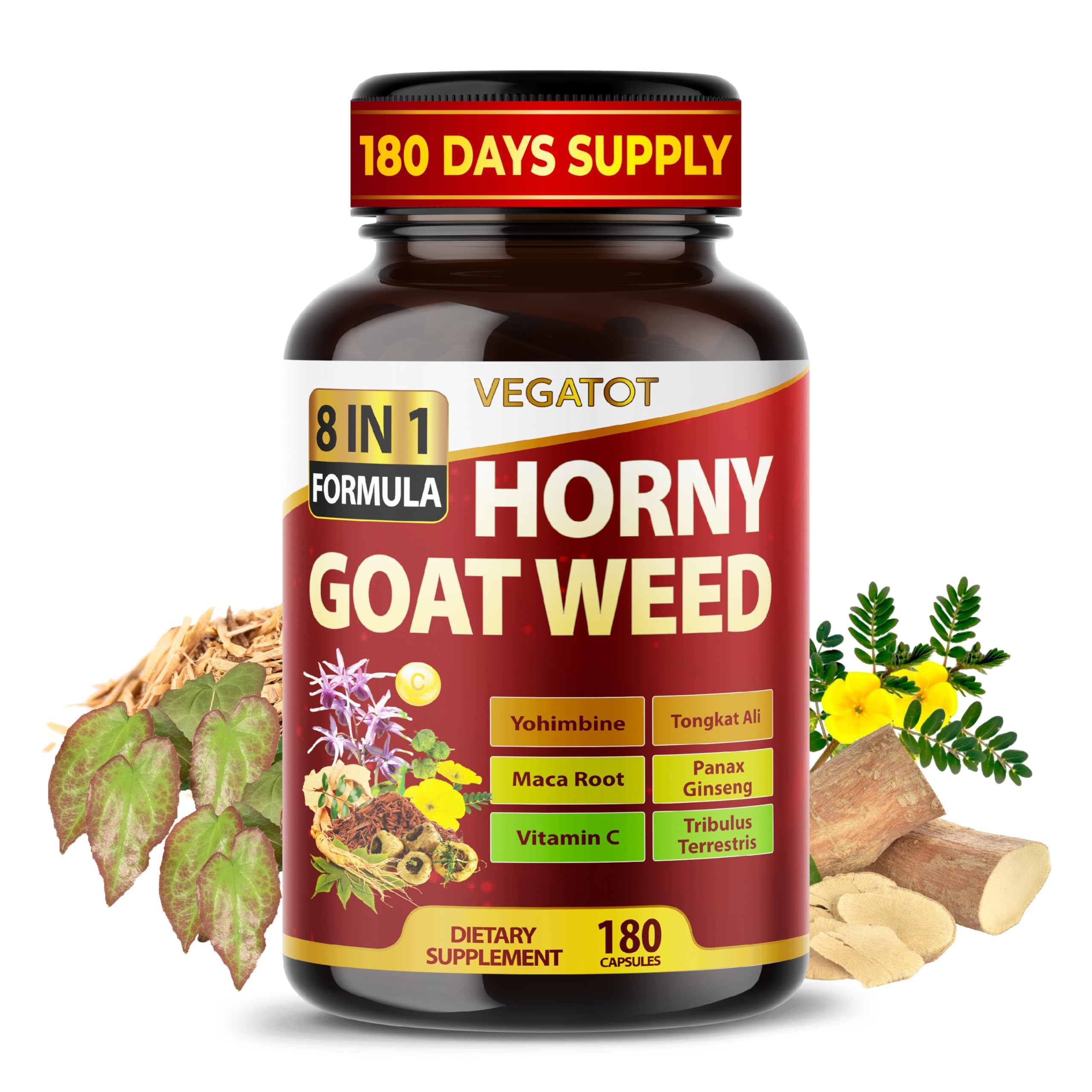 Horny Goat Weed 600 mg with Yohimbine, Tongkat Ali, Maca, Tribulus & Panax Ginseng – 8-in-1 Strength & Vitality Support – 180 Capsules – Vegatot – Gluten-Free, Lab Verified