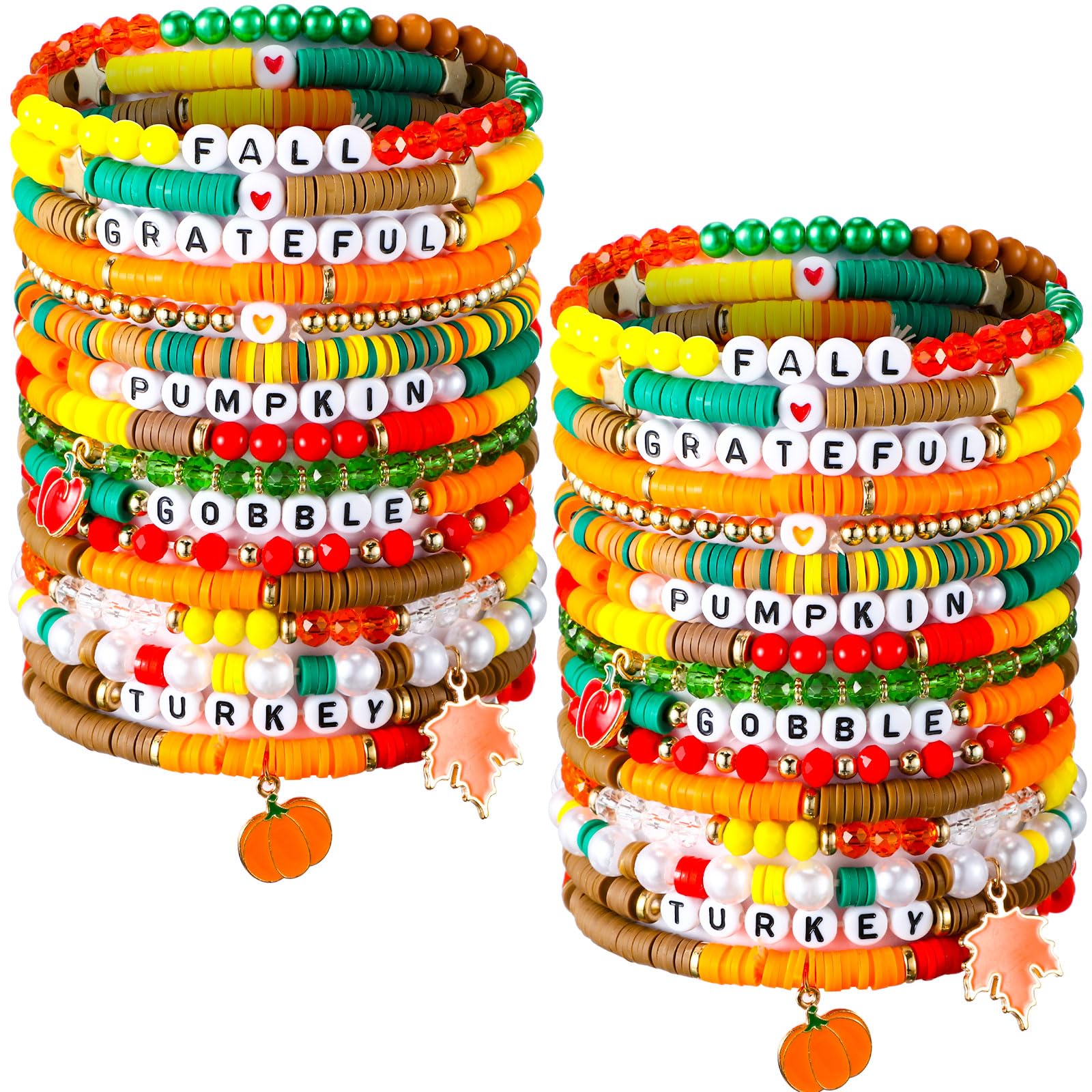 Sasylvia 32 Pcs Fall Thanksgiving Bracelets Set Stackable Heishi Surfer Bracelet Beaded Thanksgiving Bracelets Bulk Women's Polymer Clay Stretch Bracelet for Gift Party Supplies