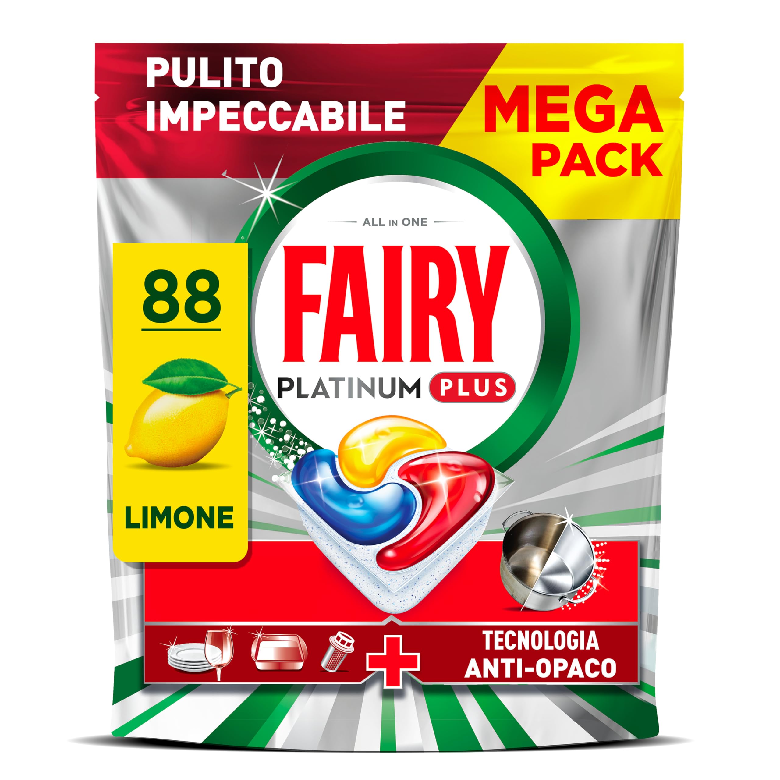 Fairy Platinum Plus Pastiglie Lavastoviglie Tutto in Uno, 88 Caps, Limone