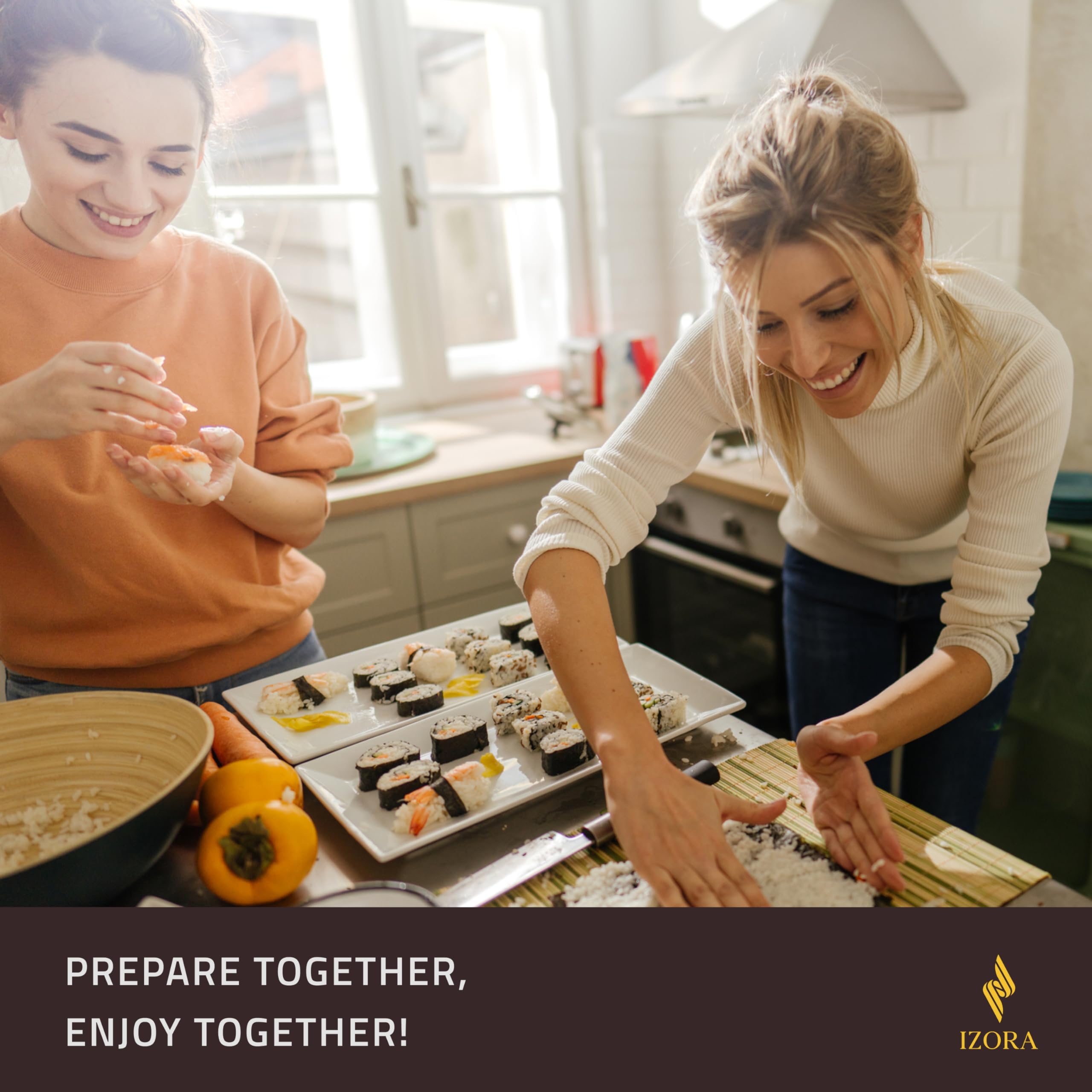 Izora Sushi Maker Set mit Anfänger-Guide inkl. ausführlicher Anleitung, einfache Rezeptvorschläge - Sushi Set zum selber machen mit stilvoller Geschenkbox, praktischem Stoffbeutel