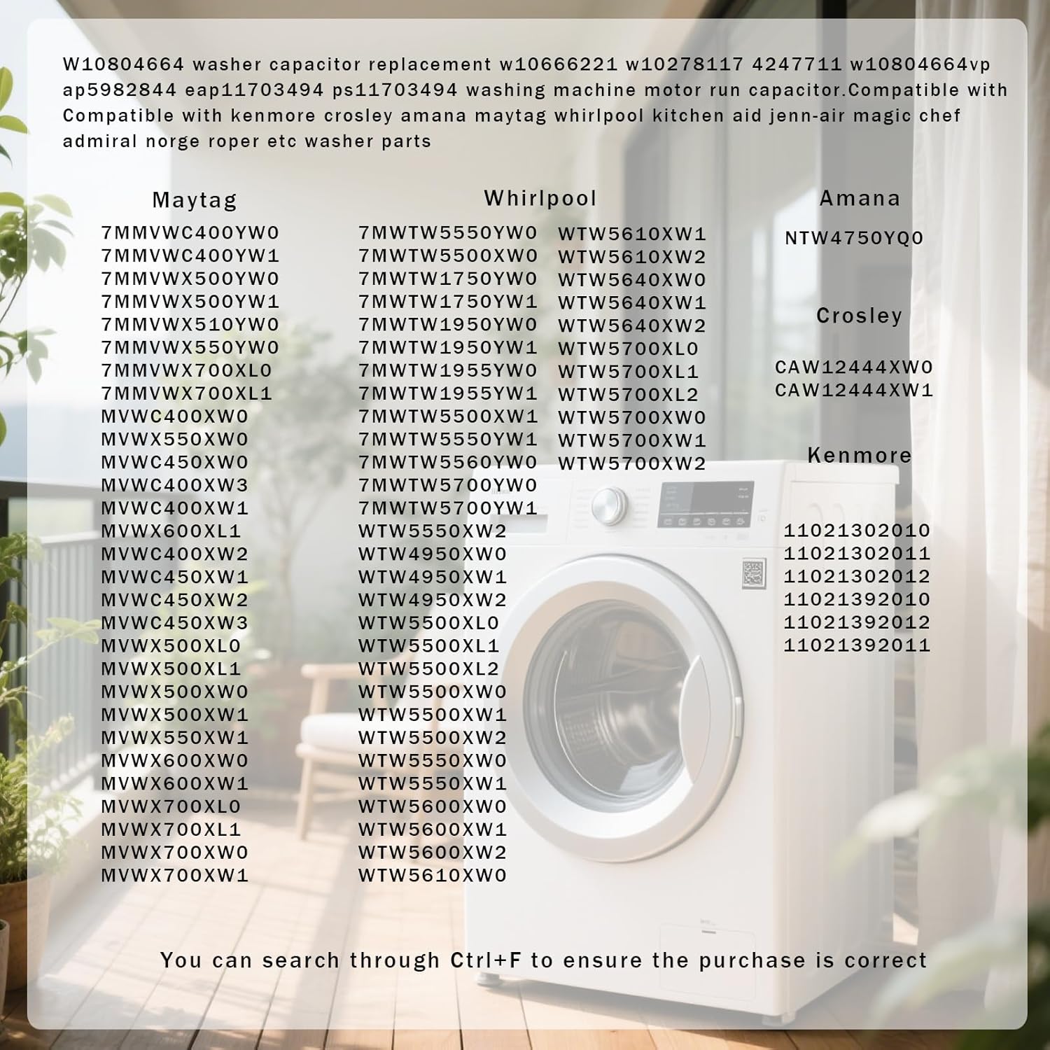 W10804664 Washer Run Capacitor 50uf Replace W10666221 W10278117 W10804664VP AP5982844 PS11703494 Compatible with Kenmore Crosley Amana Maytag Whirlpool Washer Parts 2-Year Qa