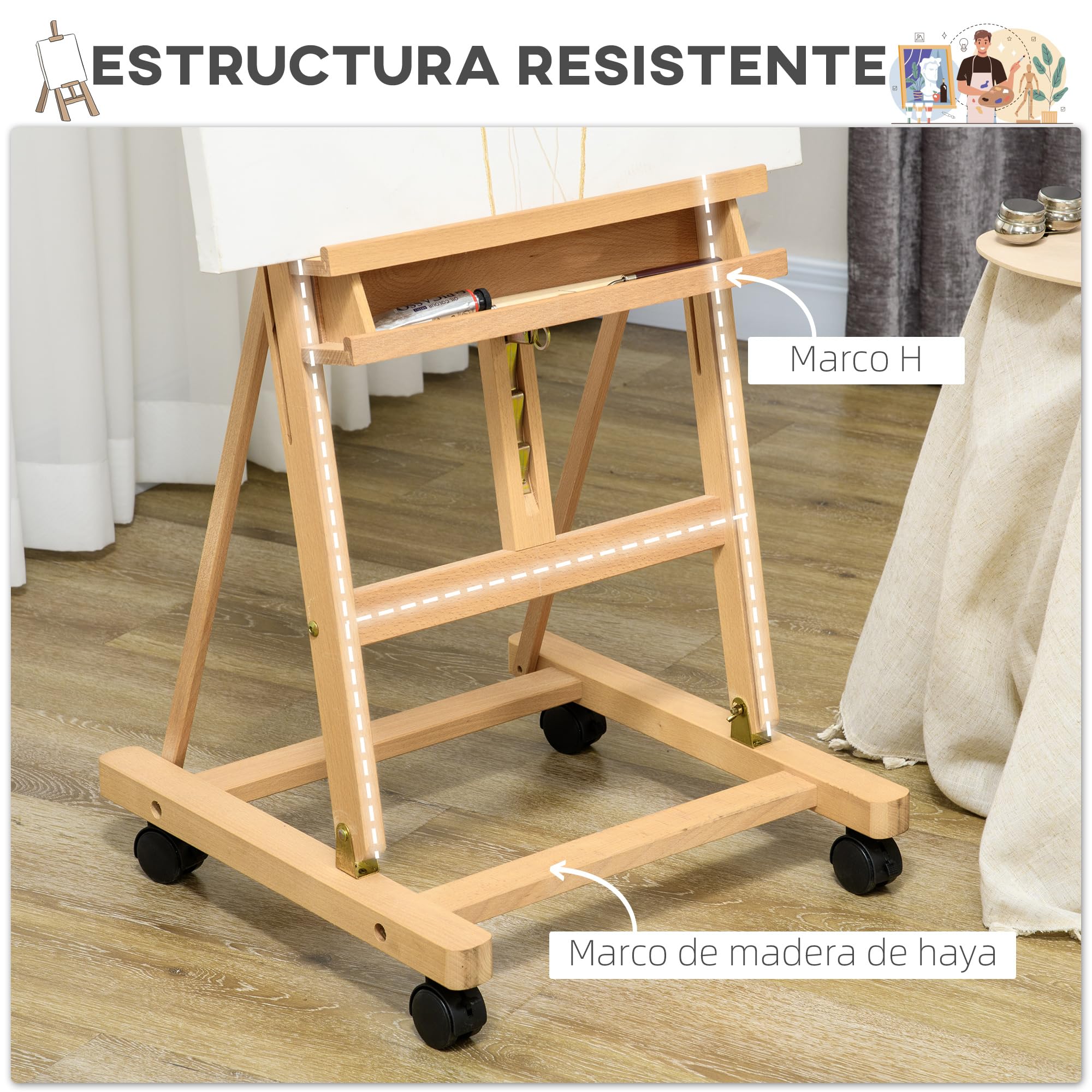 Vinsetto Caballete de Pintura Plegable, 238 cm, Caballete de Madera con Ruedas, Altura Ajustable, Bandeja, para Adultos, Artistas, Pintor, Estudiantes, Natural