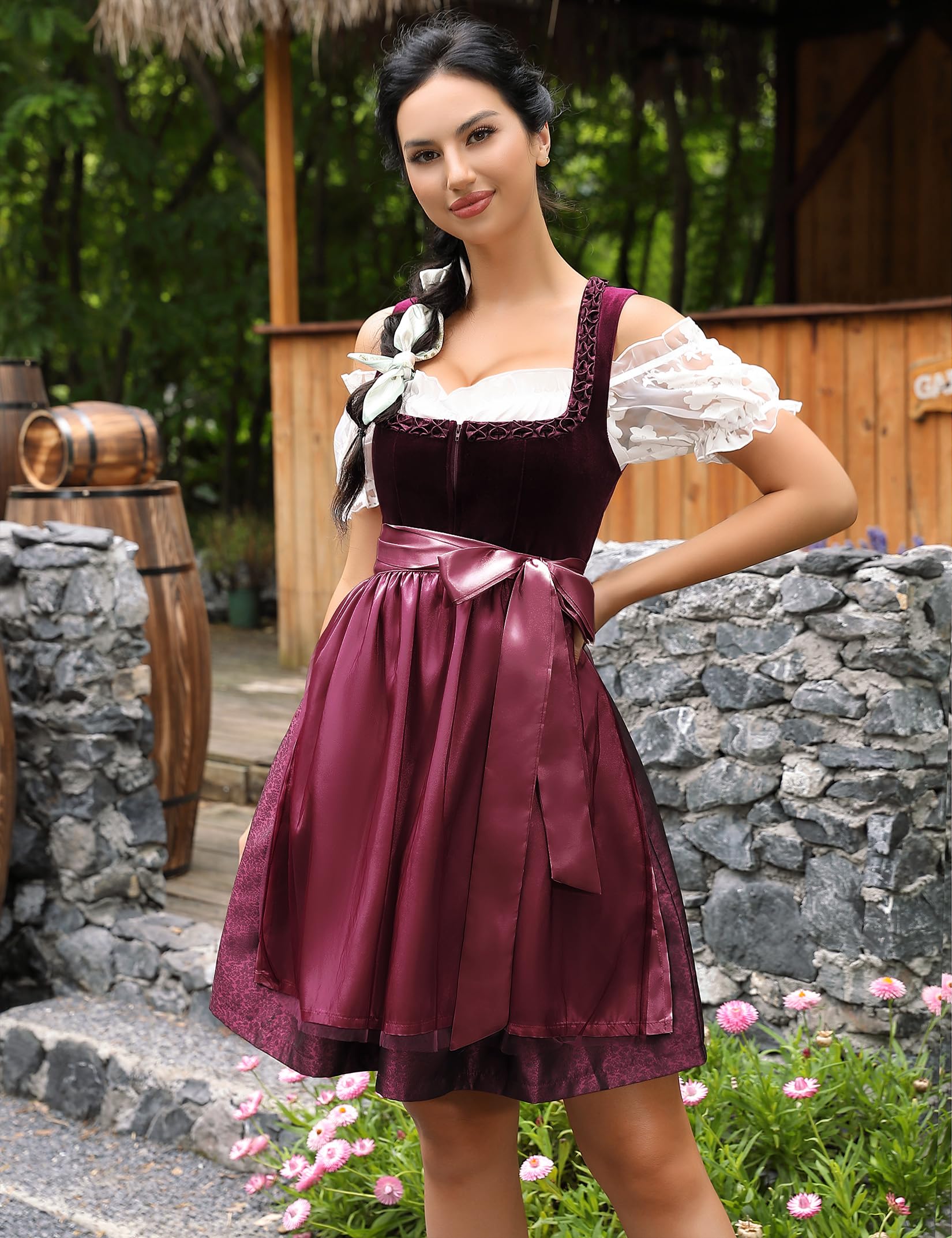 KOJOON Dirndl da Donna 3 Pezzi Abito Tradizionale Midi Dirndl Corto in Velluto alla Moda per Le Occasioni Speciali dell'Oktoberfest 34-48