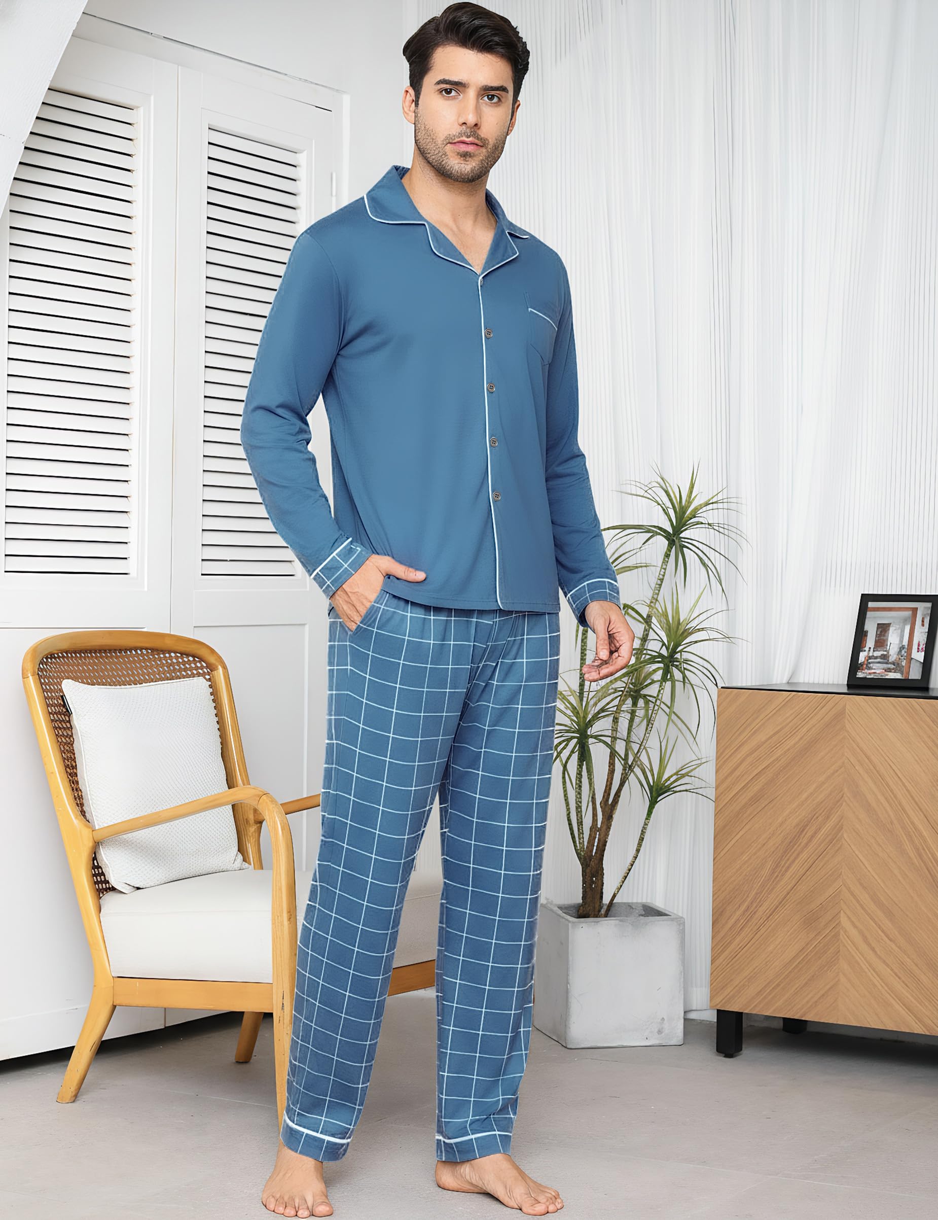 Bresdk Pigiama Uomo Cotone Lungo Invernale Manica Lunga con Bottoni Pigiami Due Pezzi Classico Aperto Davanti Caldo e Morbido