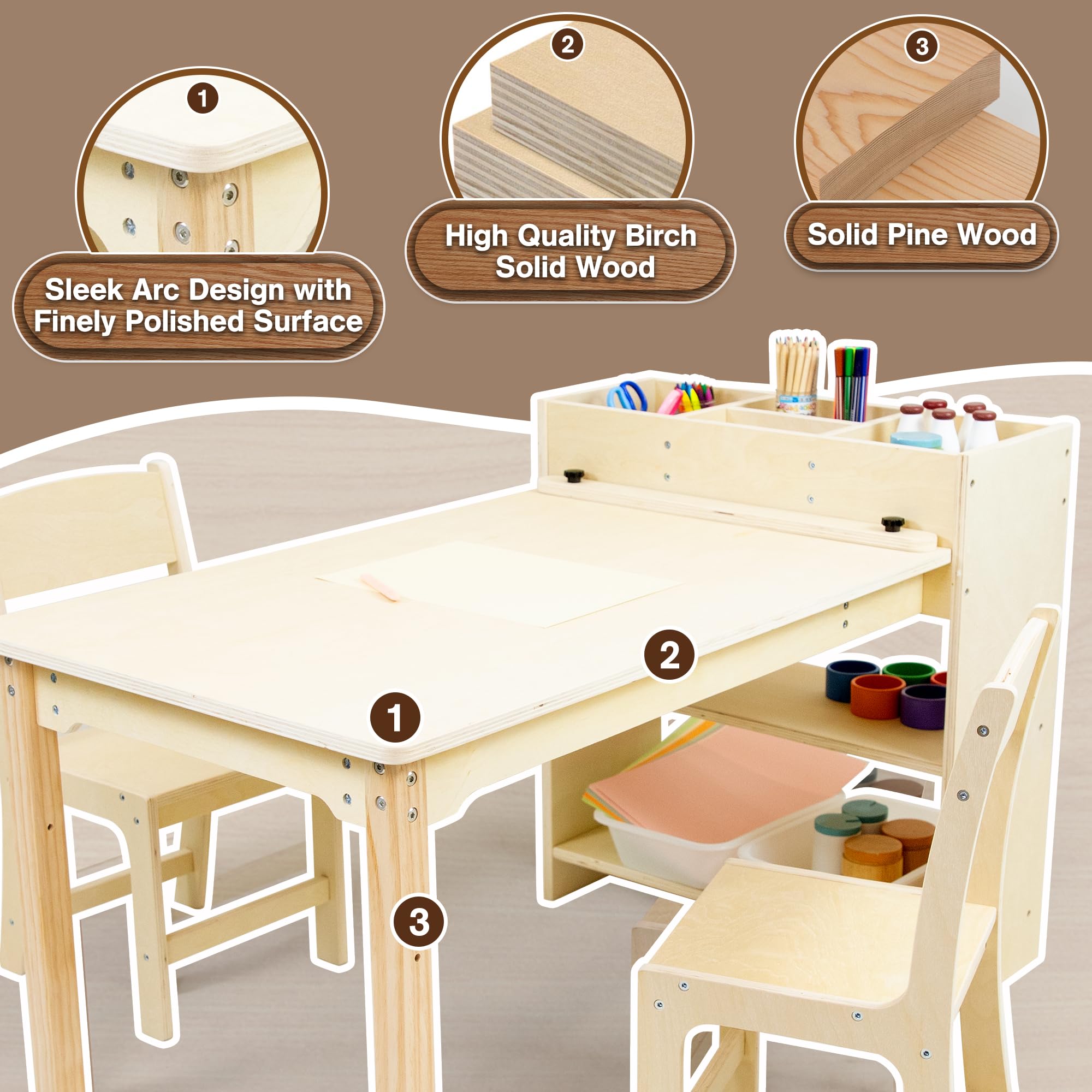 Puecrof Table créative pour enfants avec chaise en bois massif - Table d'apprentissage et de jeu multifonction avec espace de rangement pour les tout-petits à partir de 12 mois - Table de